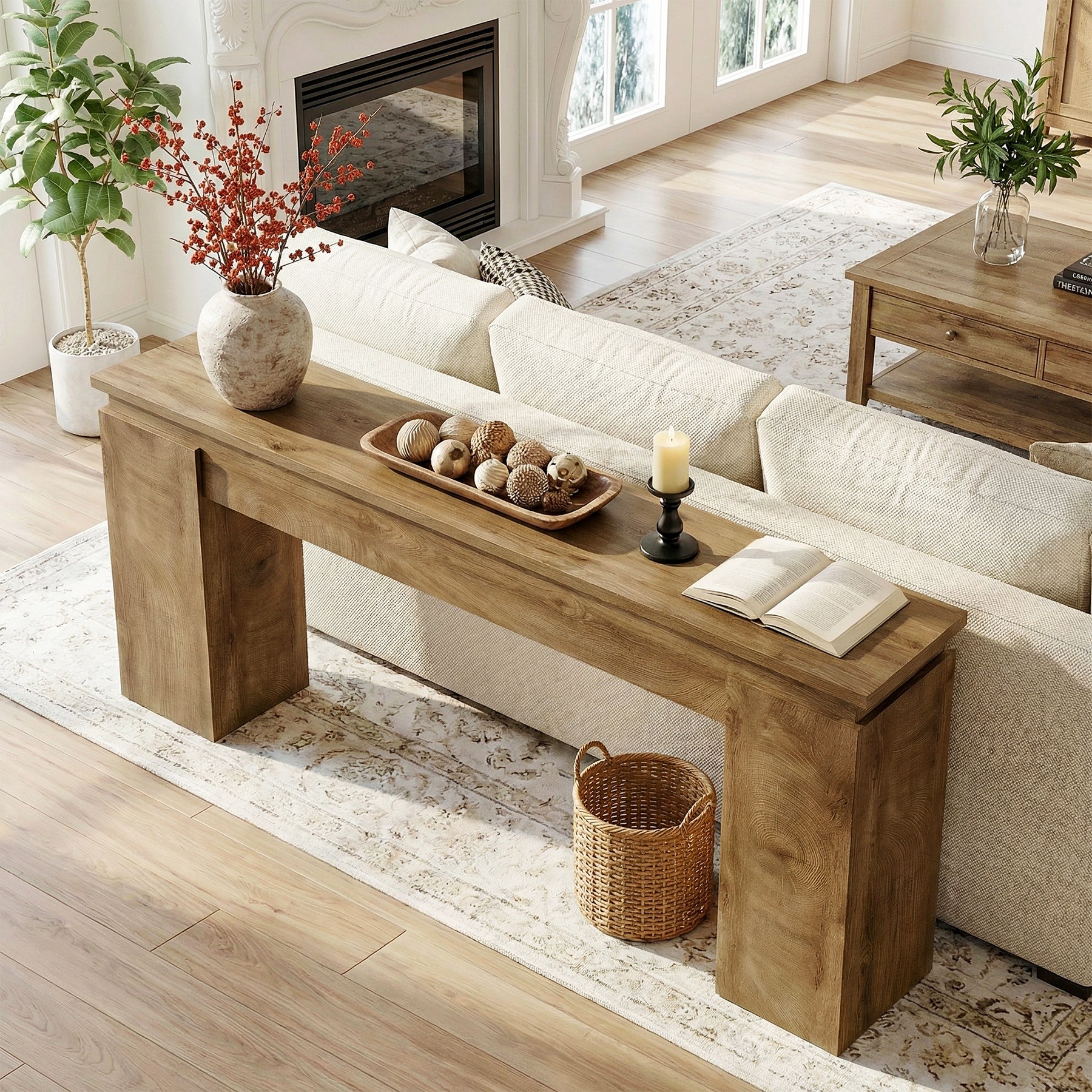 160 cm Consoletafel met Open Opbergrek, Landelijke Sofa Tafel voor Woonkamer en Entree