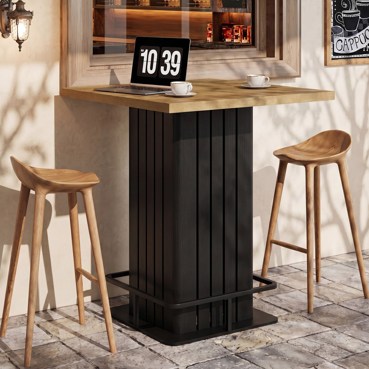 80 cm Vierkante Bartafel met Metalen Voetsteun, Industriële Hoge Tafel voor Keuken en Thuisbar