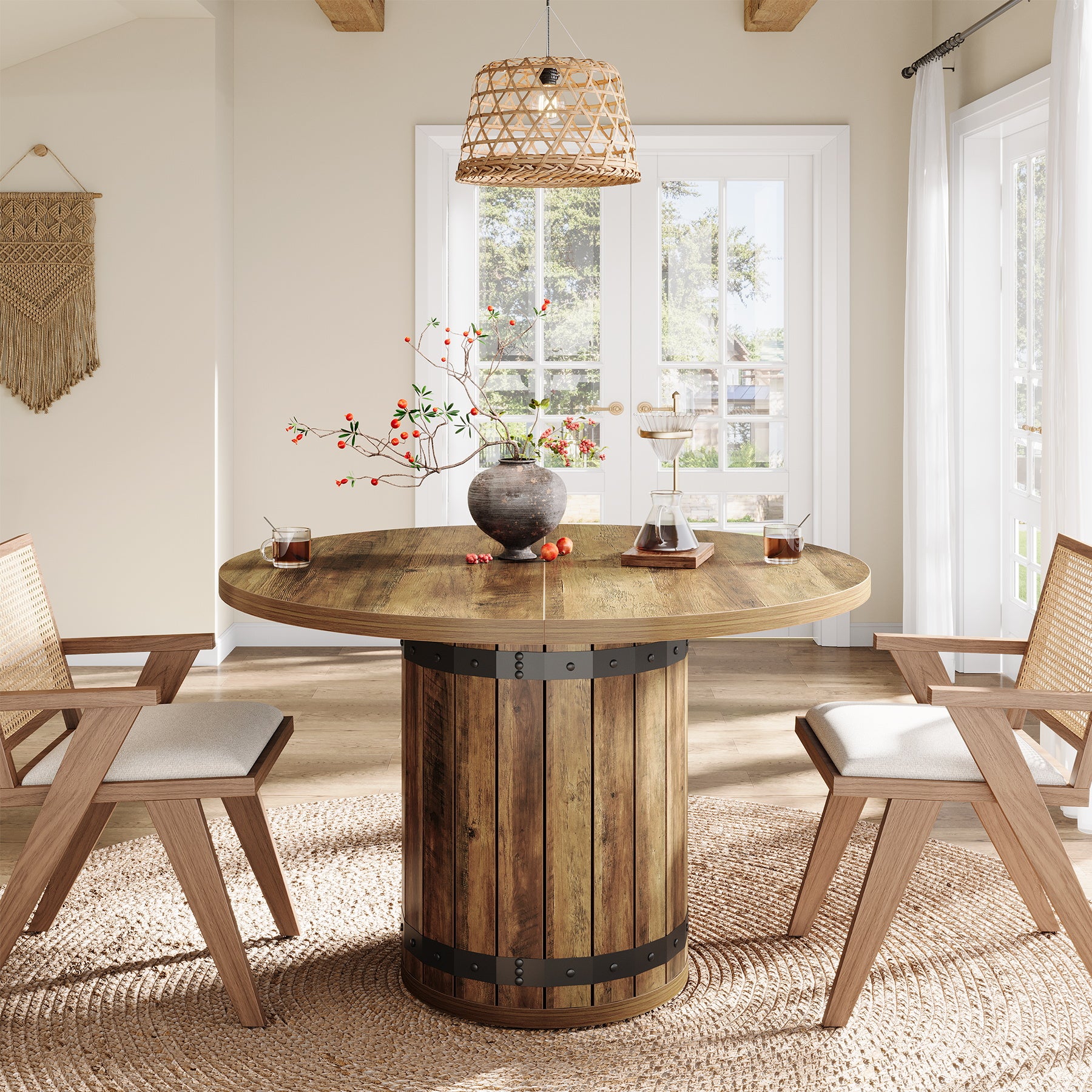 100 cm Ronde Boerderij Eettafel voor 4 Personen, Met Gelamineerd Blad en Hekwerk Basis in Landelijk Bruin