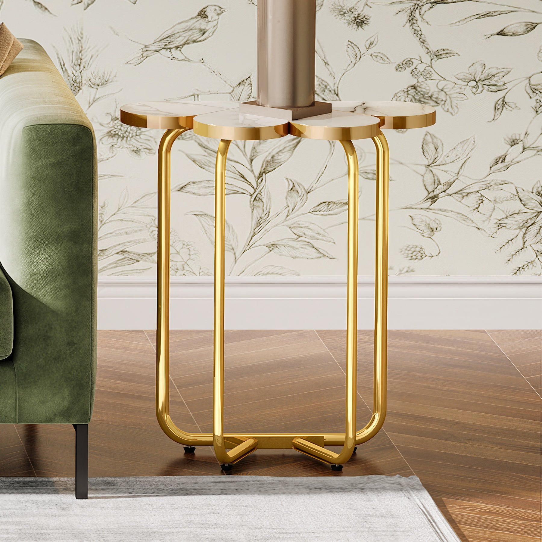 66 cm Smalle Bijzettafel, Halfronde Nachtkastje met Gouden Frame en Marmer Print