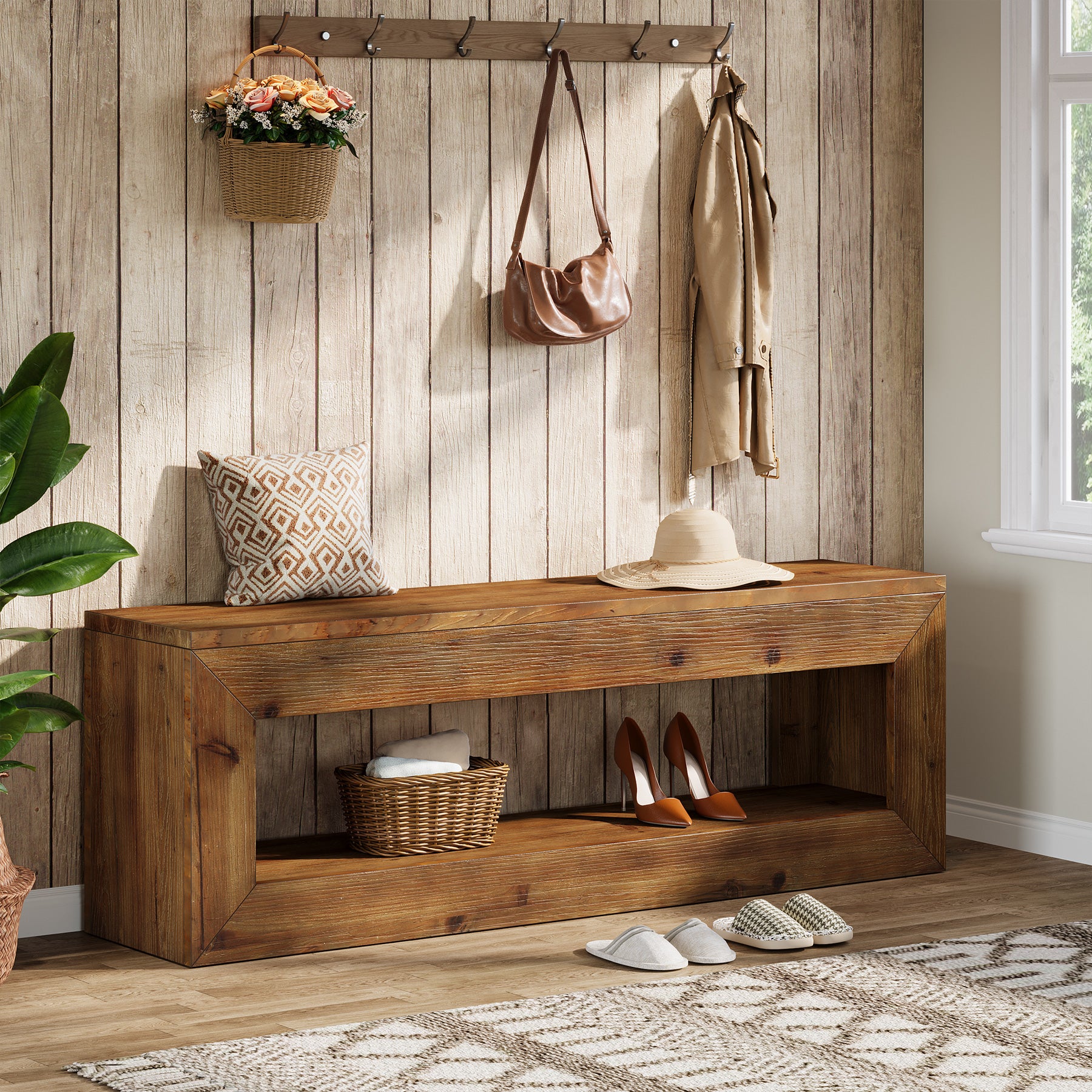 120 cm massief houten halbank met opbergplank, landelijke zitbank voor entree en hal