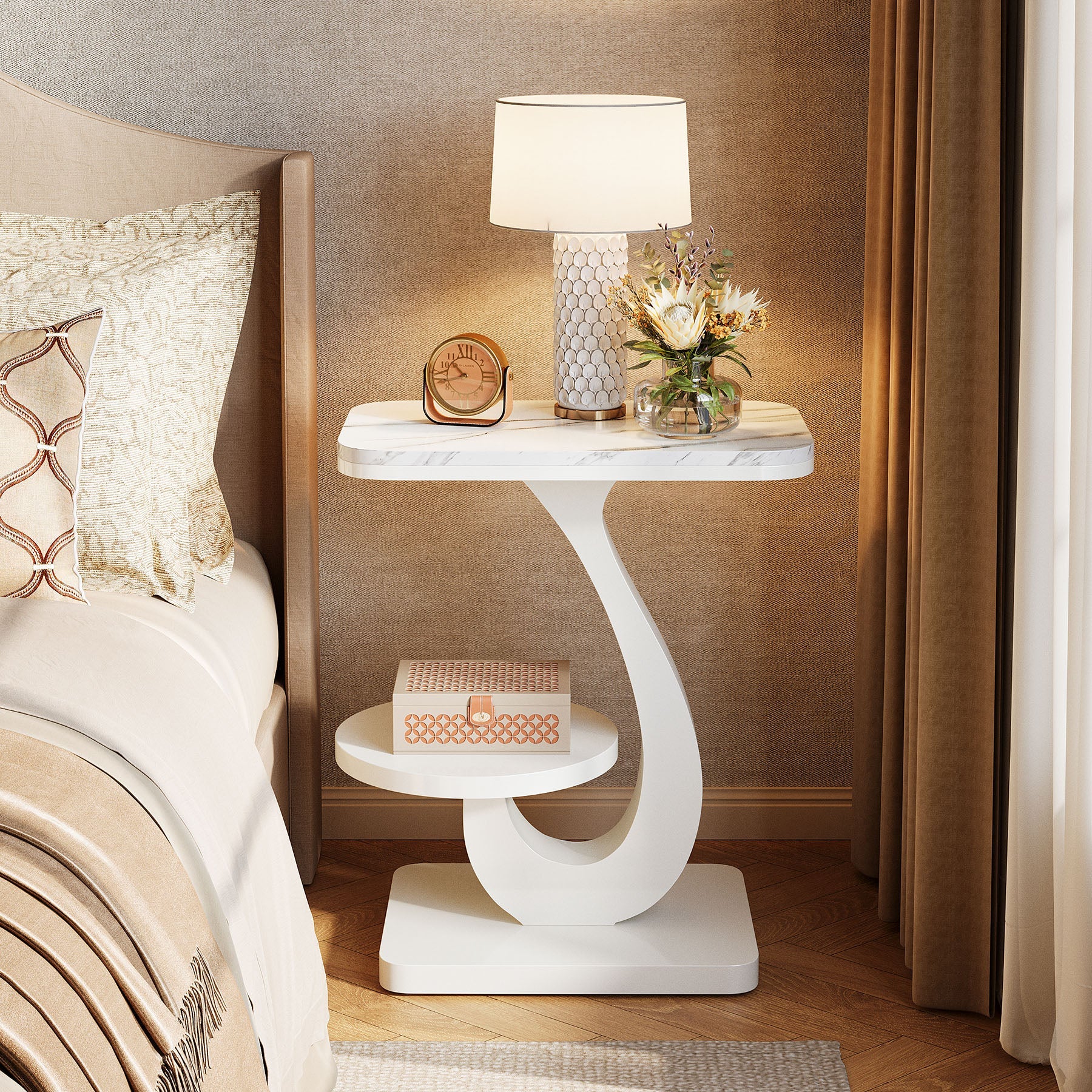 50 cm C-vormig Eindtafeltje met Marmerlook Blad, Modern 2-laags Bijzettafeltje voor Bank en Slaapkamer