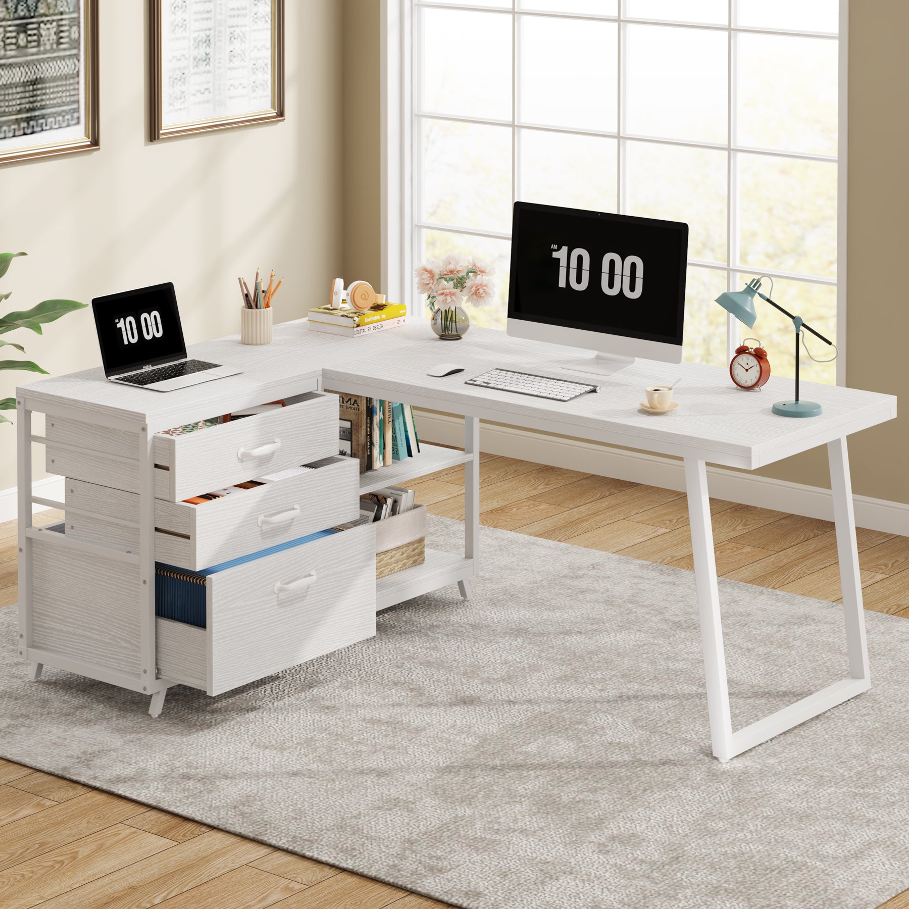 L-Vormig Computerbureau 133cm met 3 Laden, Industrieel Ontwerp voor Kantoor en Studie