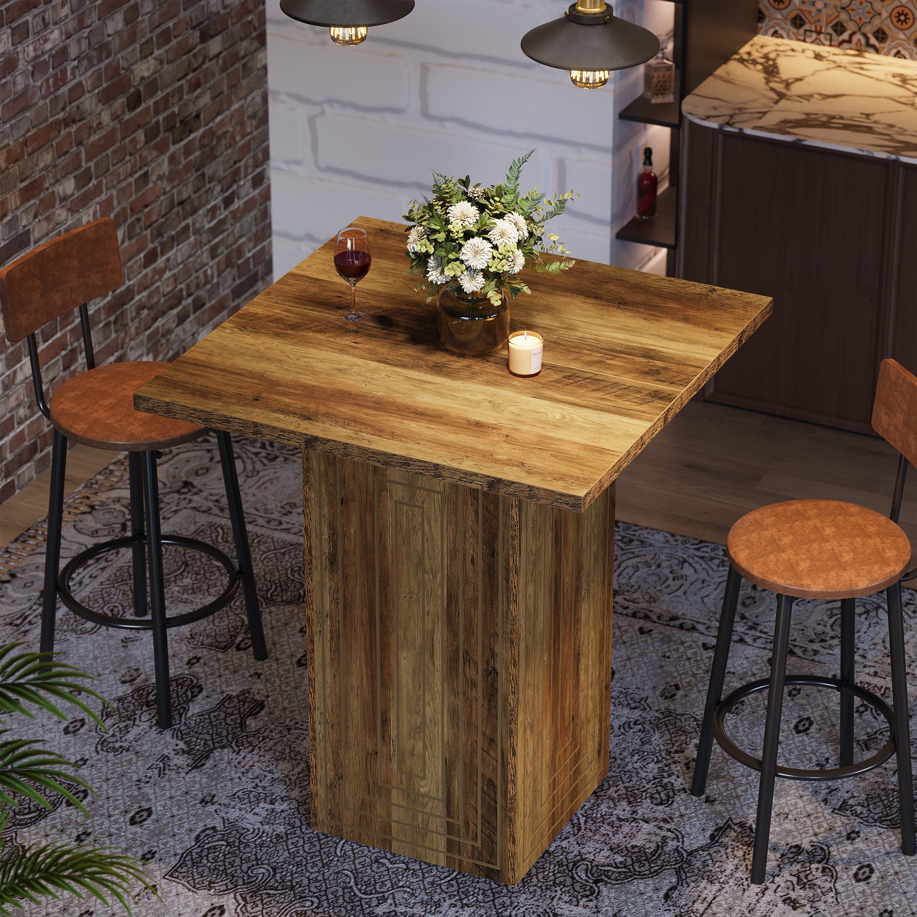 79 cm Vierkante Boerderijstijl Bartafel, Met Geometrisch Patroon voor Keuken en Woonkamer