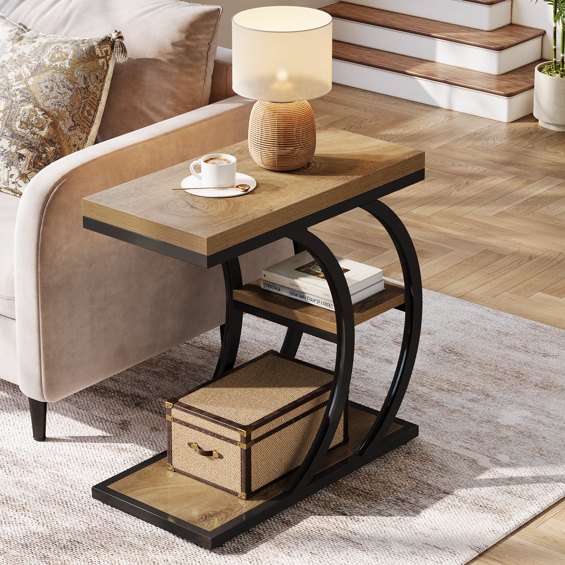 60 cm Bijzettafel, 3-Laags C-Vormige Banktafel met Opbergruimte
