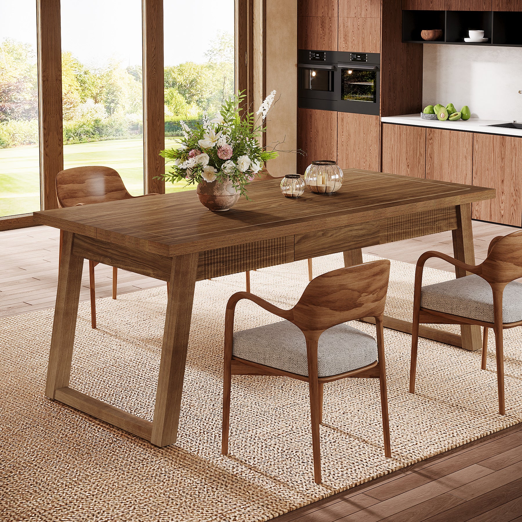 140 cm Rechthoekige Eettafel met Lade, Massief Houten Poten voor 4-6 Personen