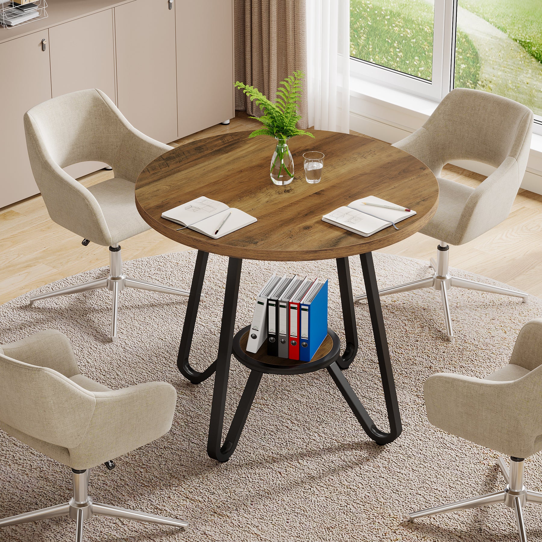 80 x 80 x 75 cm Ronde Conferentietafel voor 2-4 Personen, Compacte Houten Kantoortafel Bruin