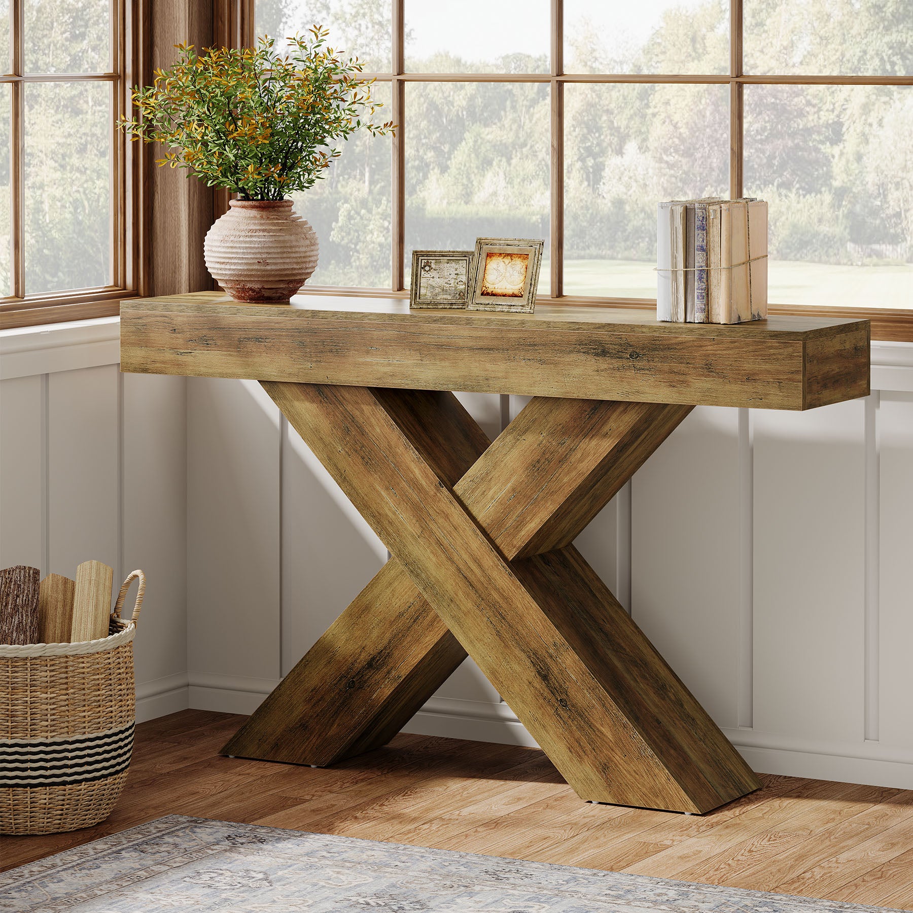 140 cm consoletafel, houten sidetable met uniek ontwerp voor hal of achter bank