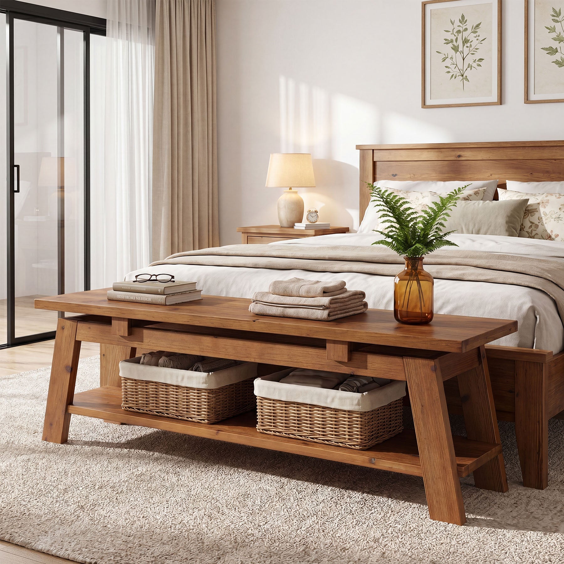 Tribesigns massief houten zitbank 140 cm met schoenenplank, houten bank voor entree en slaapkamer
