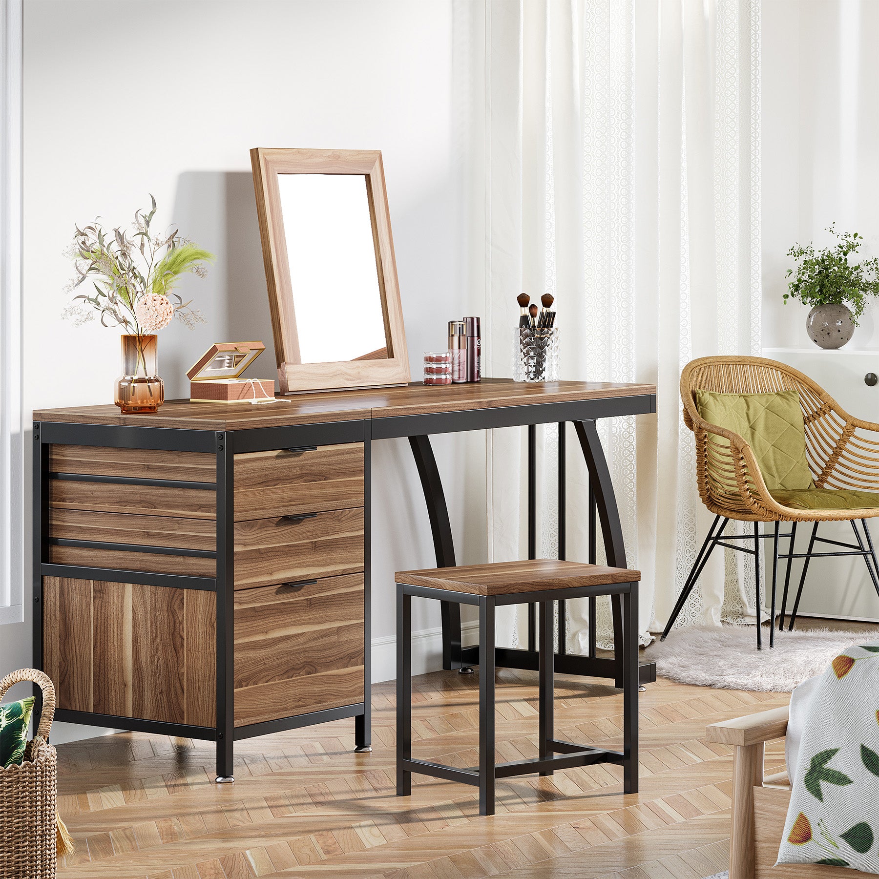 150 cm Met 3 Laden, Make-up Bureau Met Ombouwbare Opbergruimte