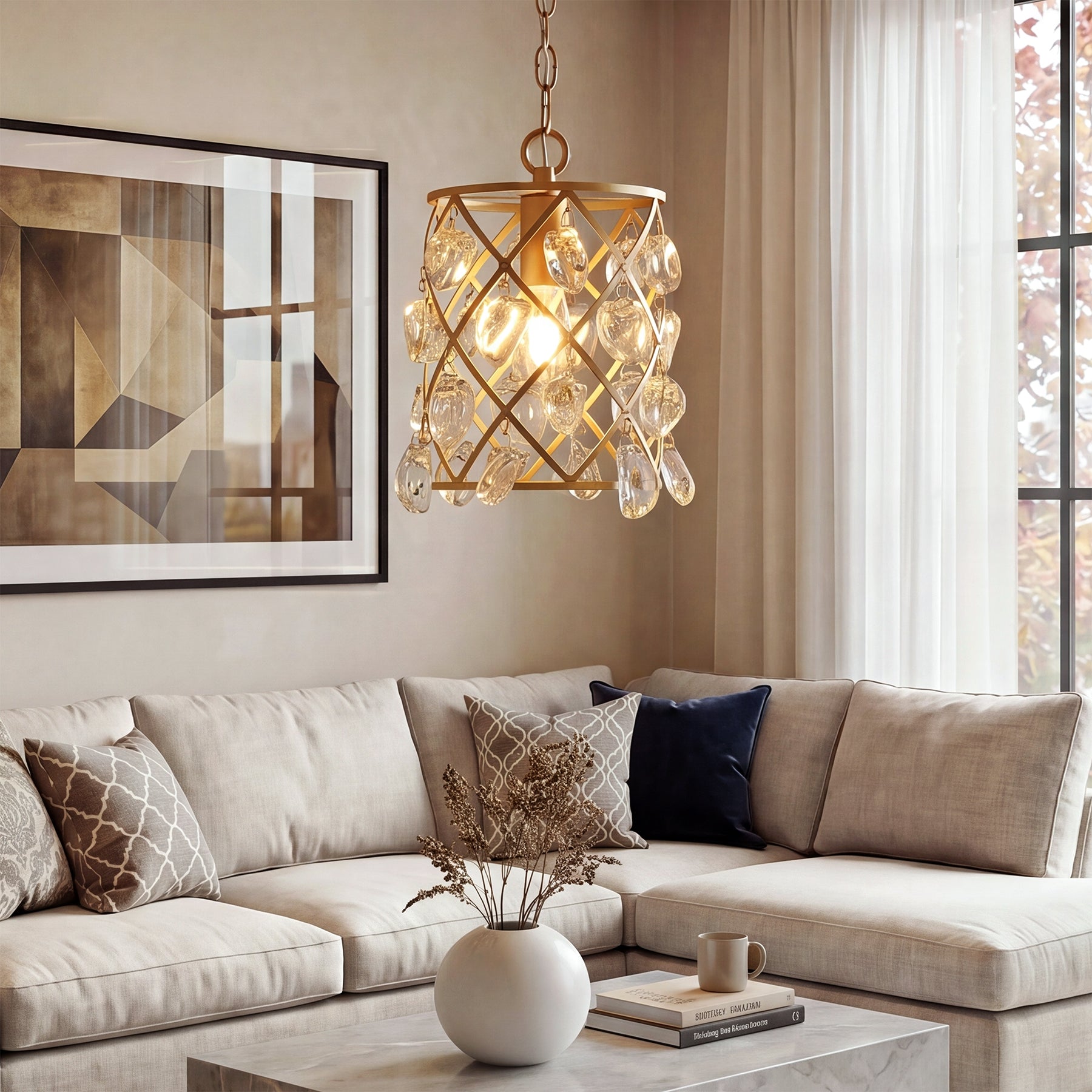 17,5 x 17,5 x 30 cm Tribesigns Gouden Hanglamp, Moderne Pendellamp met Watergolf Glaskristallen en E27-Fitting voor Keukeneiland Eetkamer en Hal [Energy Class E]