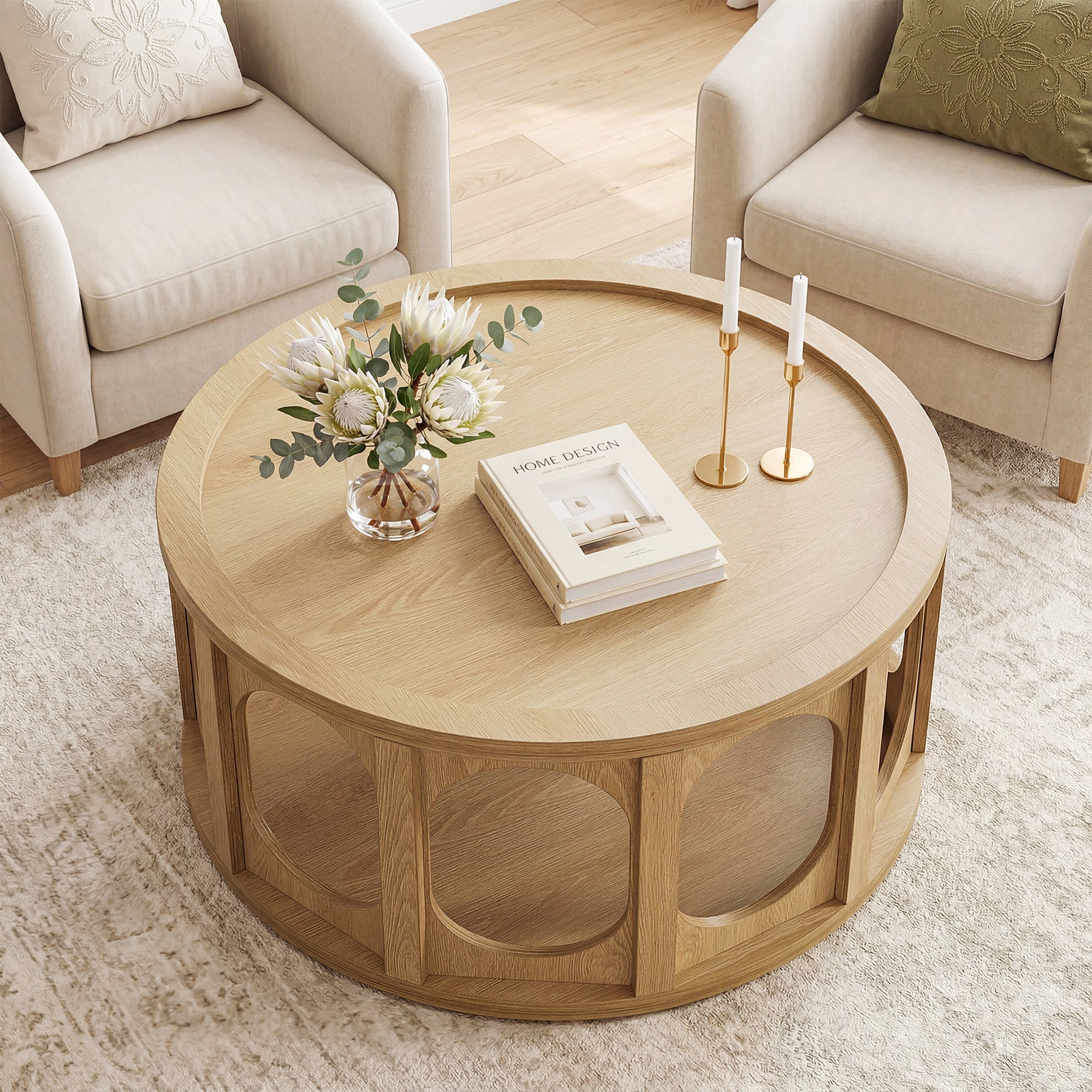 Tribesigns ronde salontafel van 80 cm met kattenhuisje, tweelaagse woonkamertafel met opbergruimte