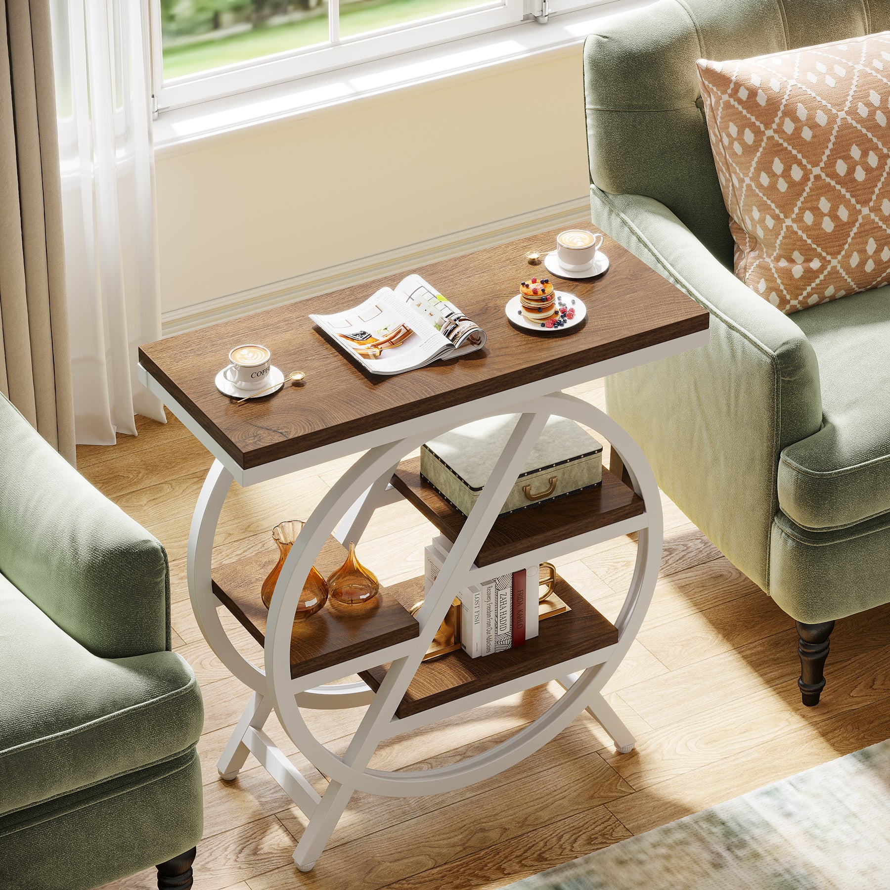 65 cm Drieplanken Bijzettafel, Industriële Houten Tafel met Geometrisch Frame voor Woonkamer