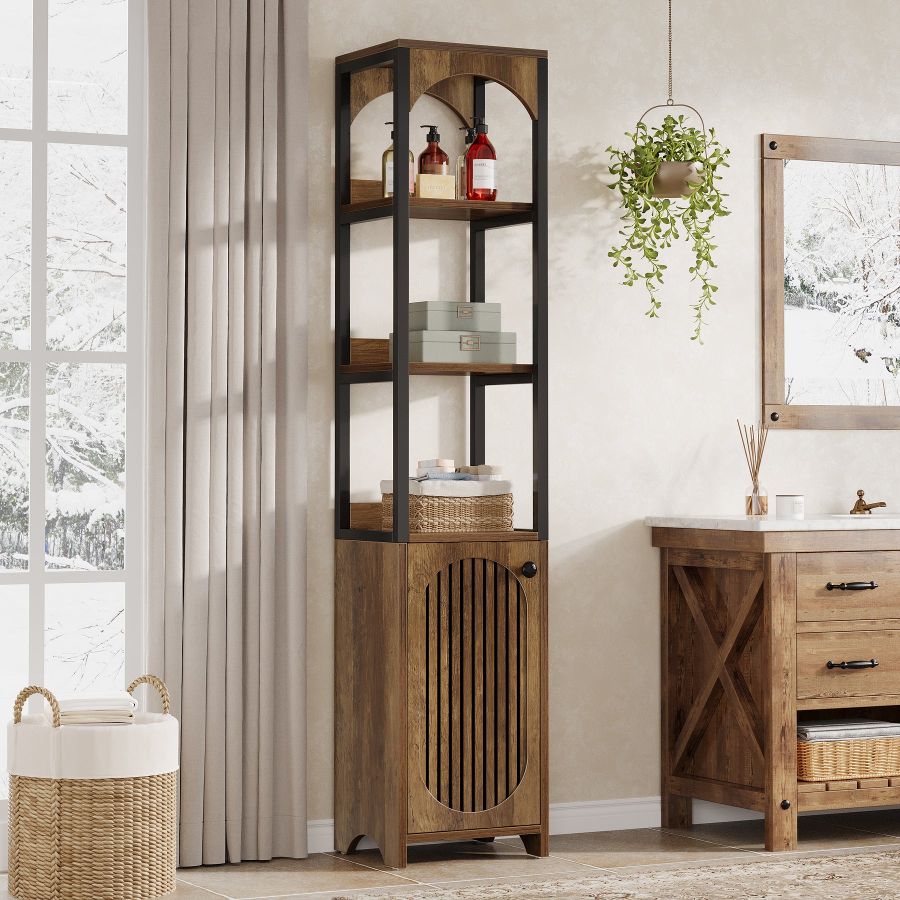 180 cm Hoge Boekenkast, Industriële Hoekkast met Lamellendeur voor Woonkamer en Kantoor