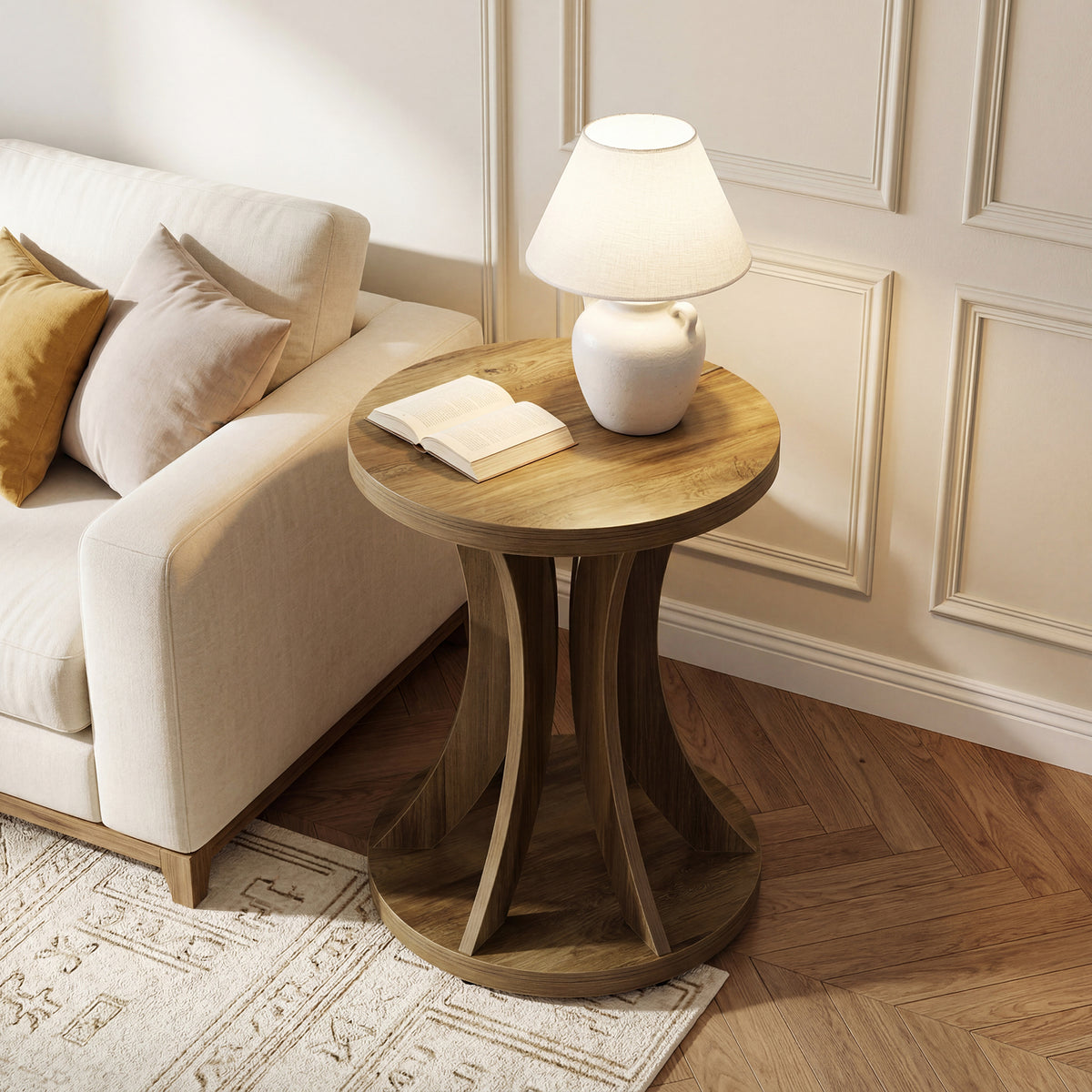 45 x 60 cm ronde bijzettafel met gebogen frame en onderste opbergplank, landelijke sidetable voor woonkamer en slaapkamer