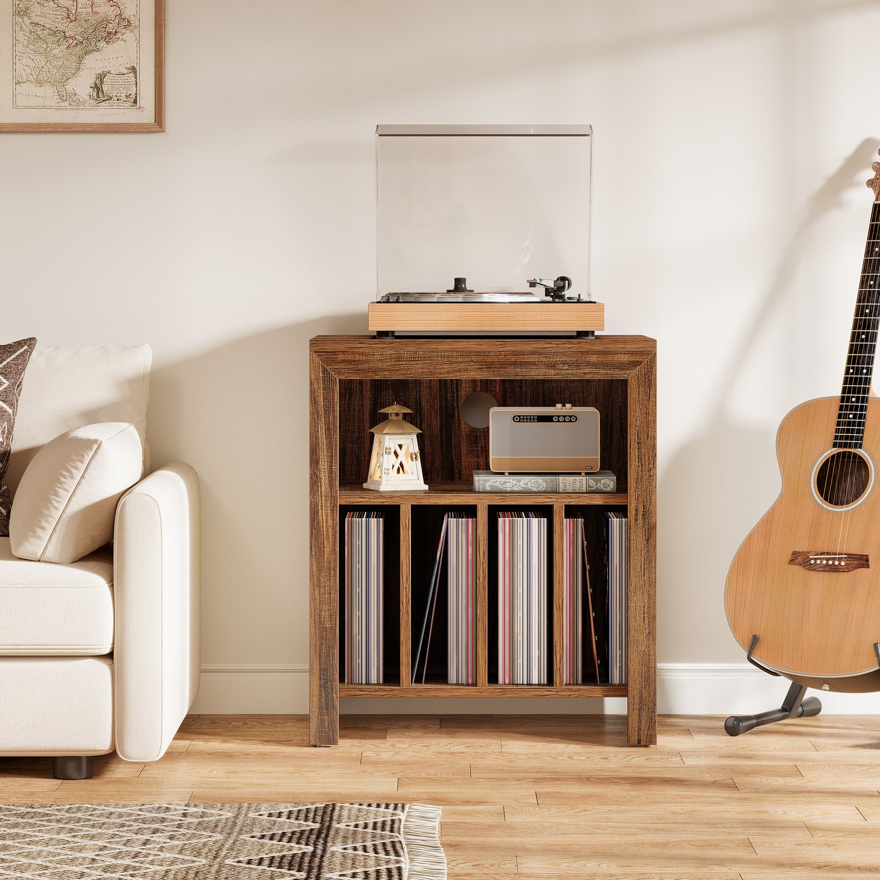 60 cm Vinylplaten Bijzettafel met 3 Etages, Industrieel Opbergmeubel in Rustiek Bruin