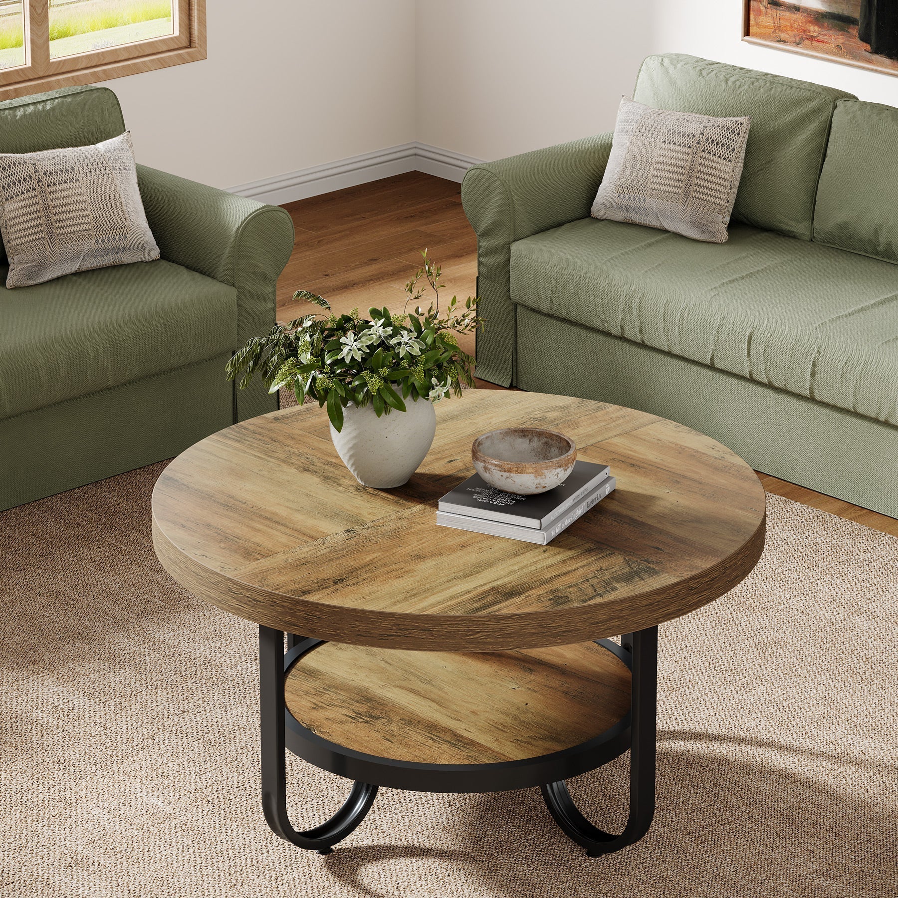80 cm Ronde Salontafel voor Woonkamer, 2-Laagse Industriële Tafel met Opbergplank