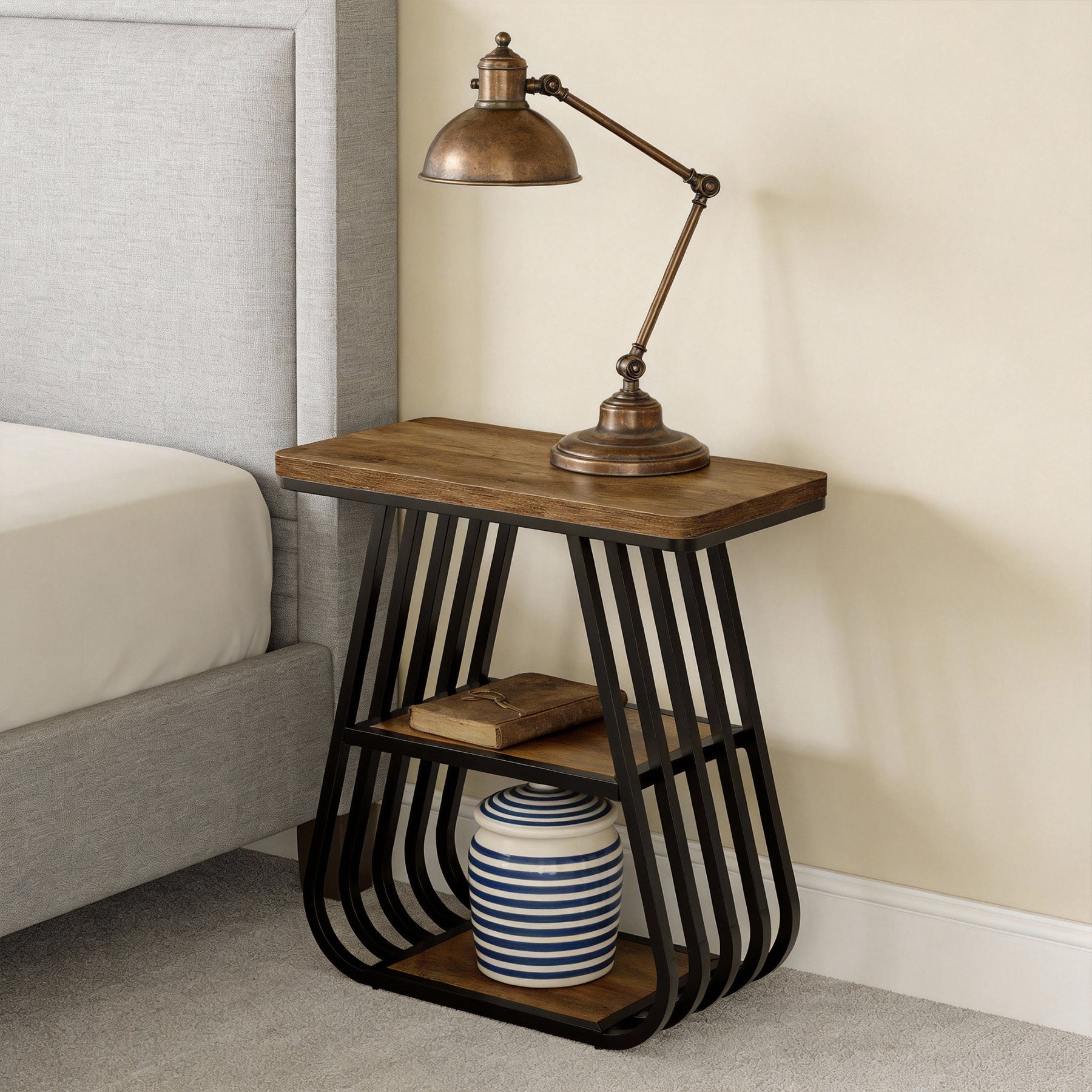 60 cm Bijzettafel voor Woonkamer, 3-Tier Smalle Tafel met Opbergplank in Eikenbruin en Zwart