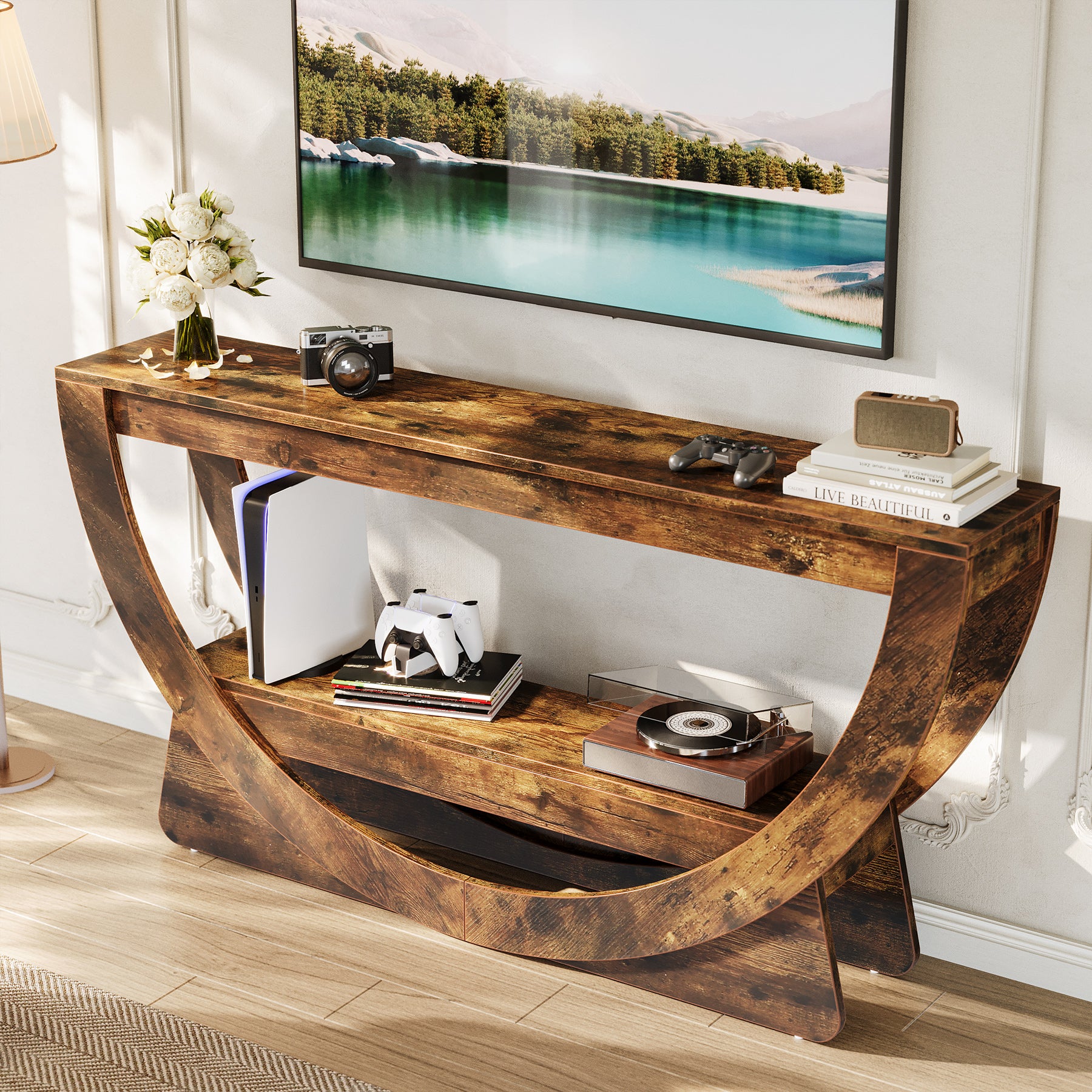 160 cm TV-meubel voor 75 inch TV's, Landelijke Houten Mediaconsole met Open Gewelfde Plank