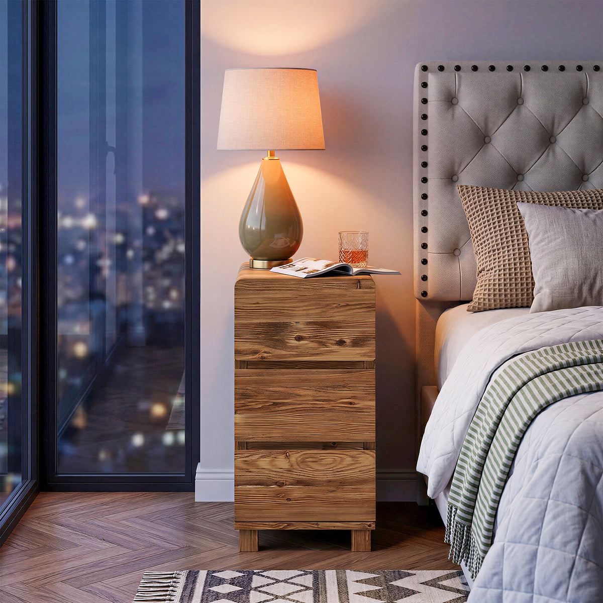 60 cm Tribesigns massief houten nachtkastje met 3 lades, smalle bijzettafel voor slaapkamer en kleine ruimtes