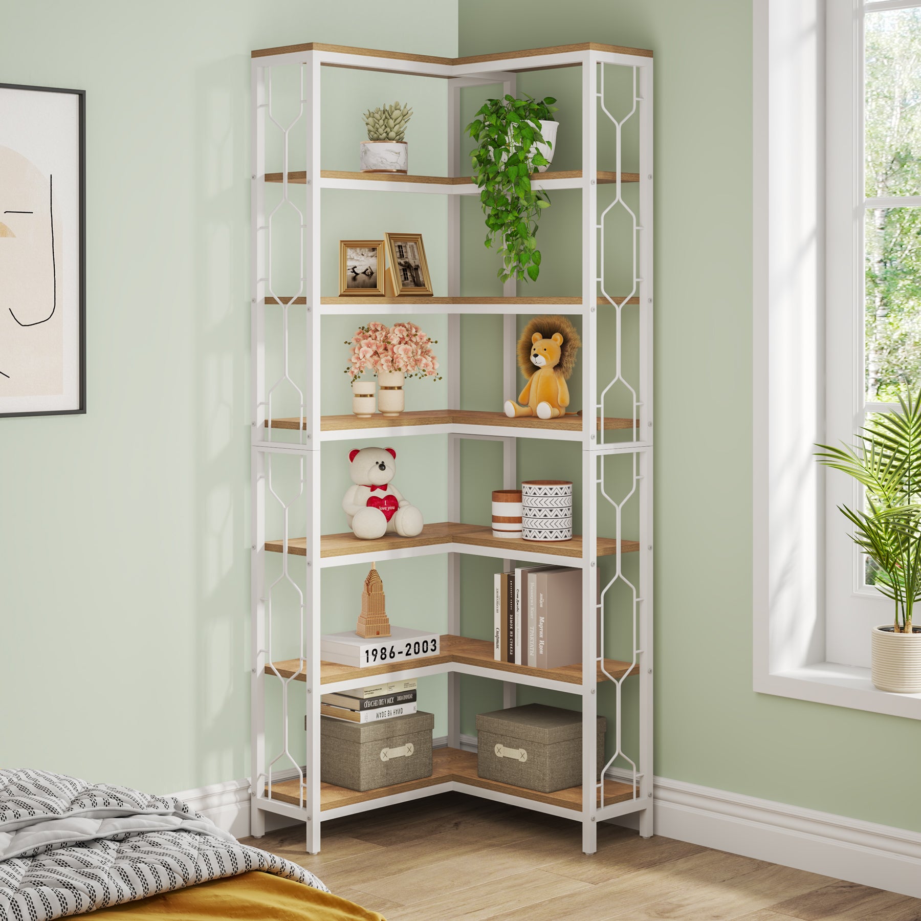 200 cm Hoge Industriële Hoekkast, 7-Lags Hoekwandplanken in Rustiek Bruin voor Woonkamer en Kantoor