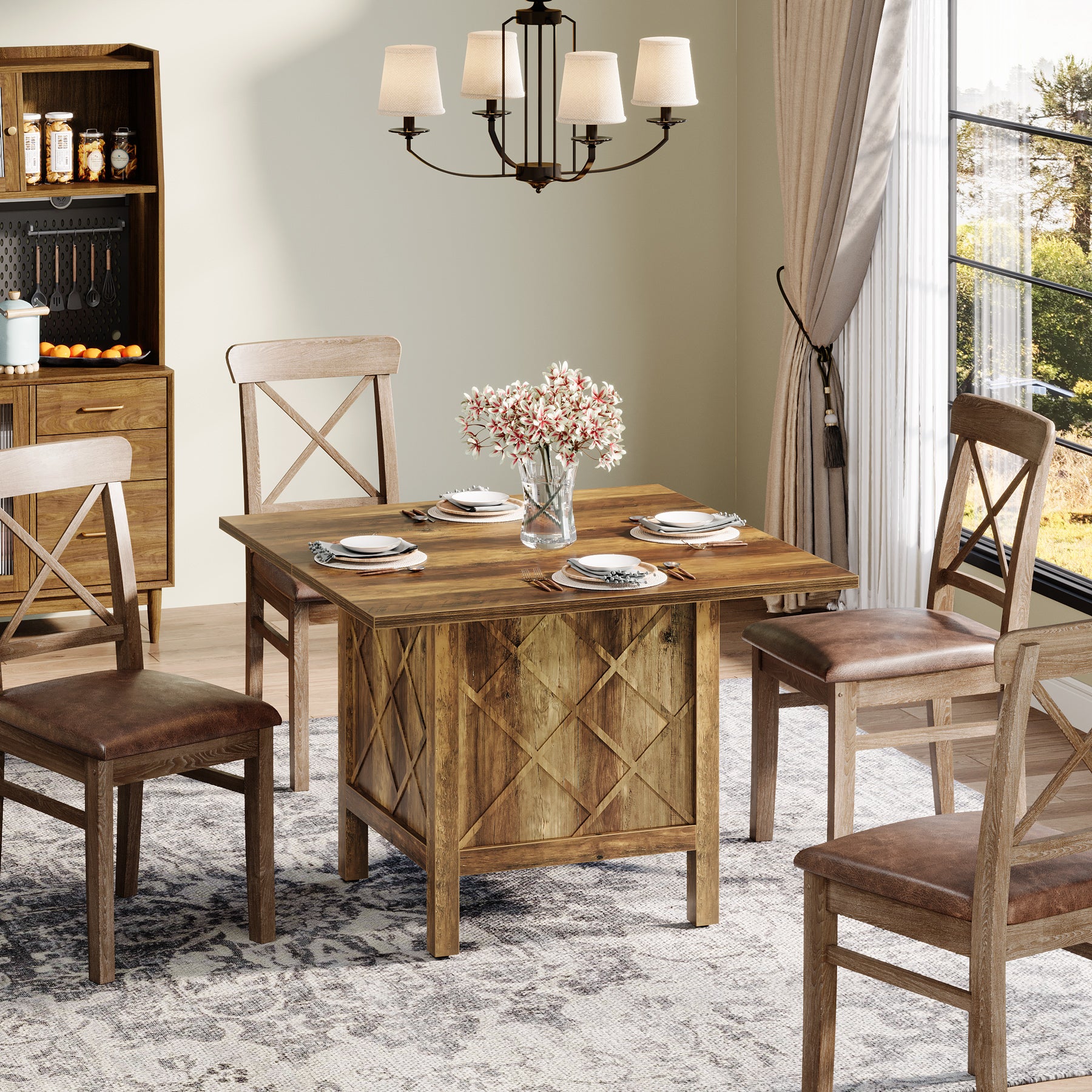 100 cm Landelijke Eettafel, Vierkante Houten Tafel met Stevig Frame voor Eetkamer