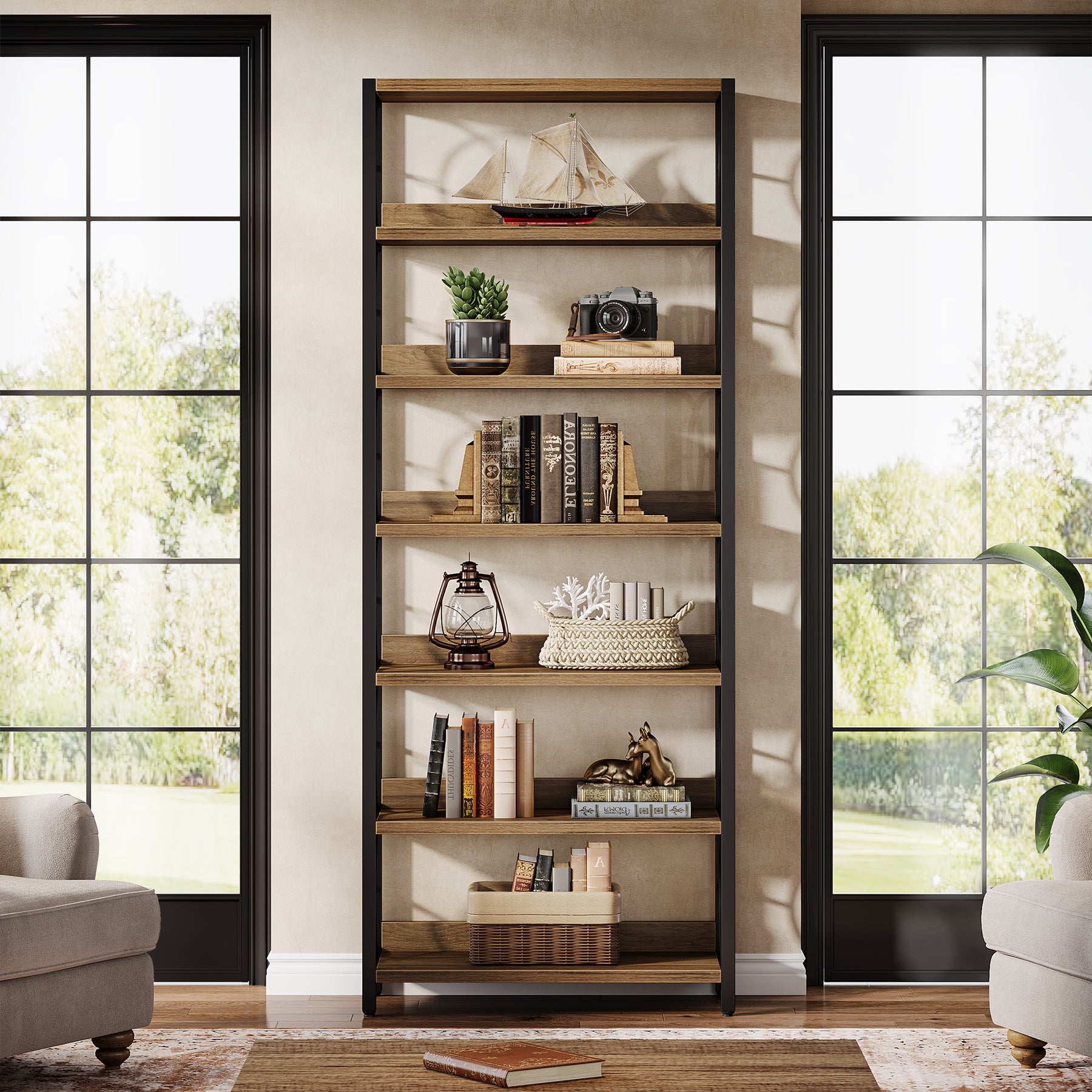 180 cm Boekenkast met 6 Niveaus, Industrieel Vrijstaand Displayrek met Metalen Frame