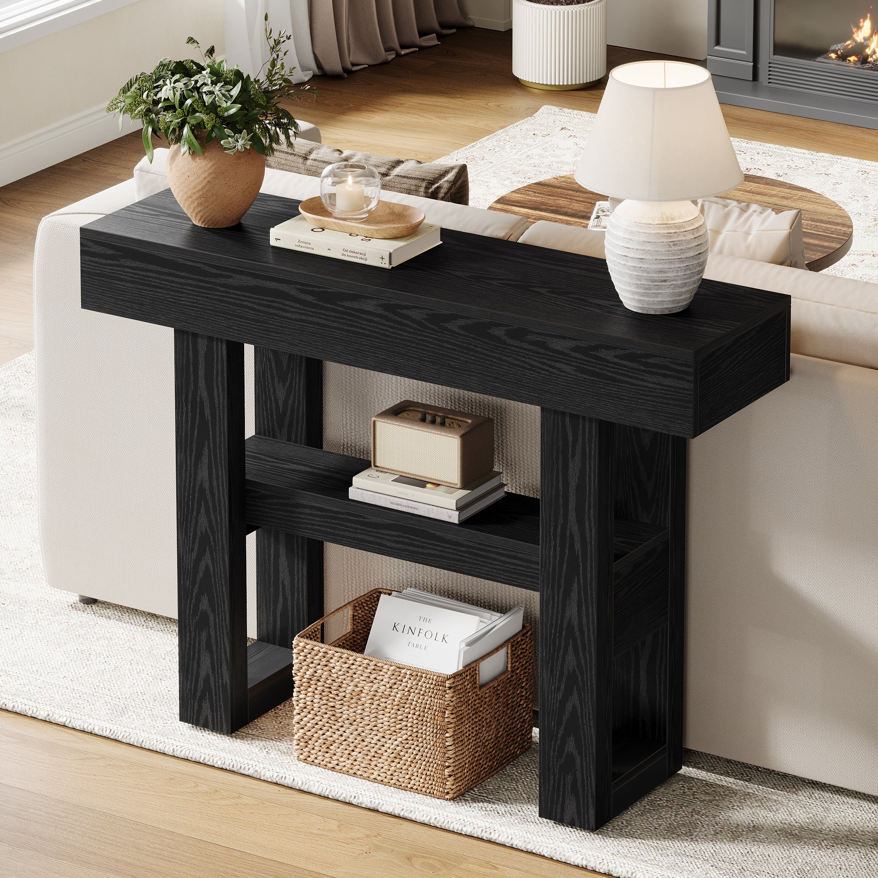 105 cm Smalle Consoletafel met 2 Niveaus, Rustieke Entreetafel voor Hal en Woonkamer