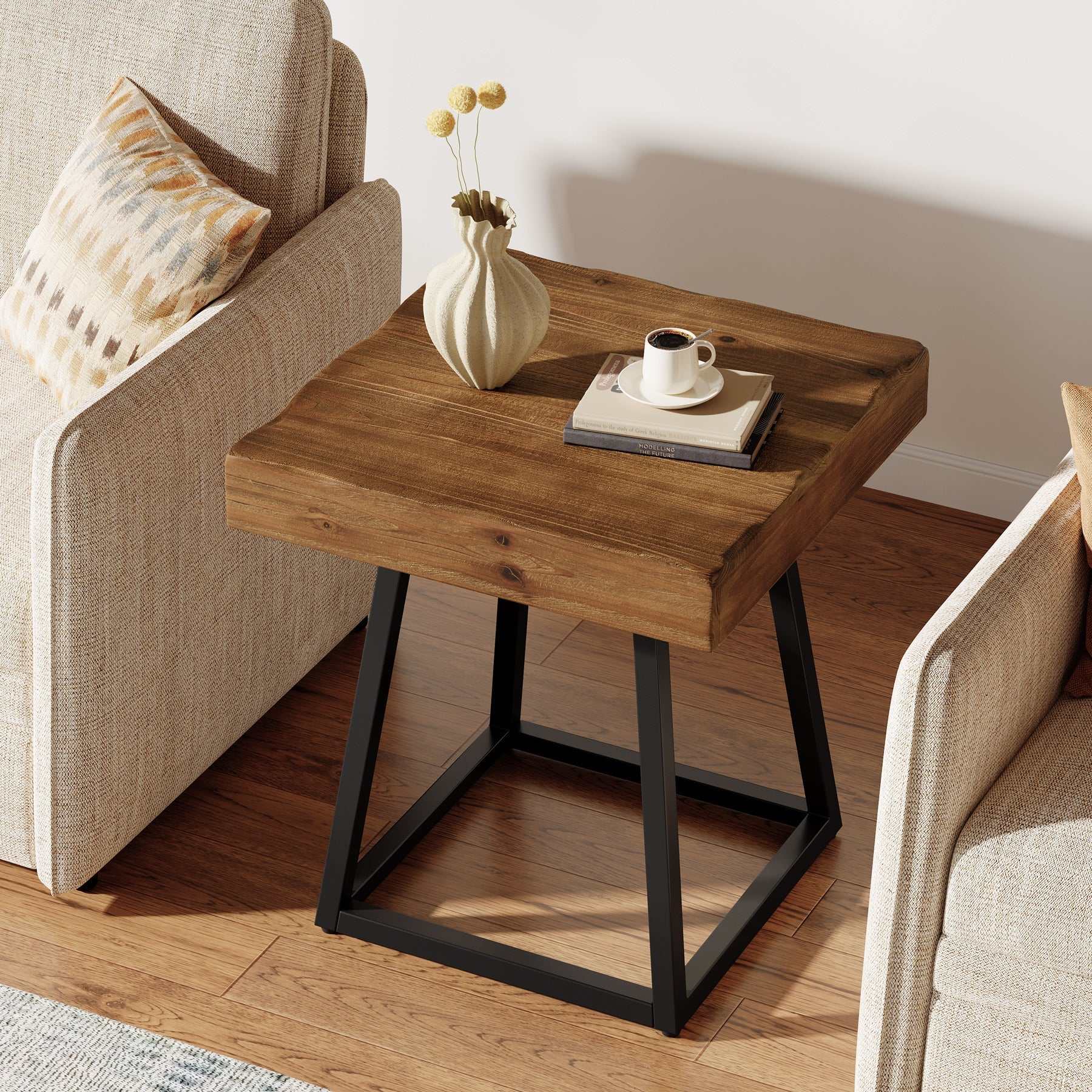 Tribesigns bijzettafel van massief hout, 50 cm, vierkant nachtkastje met metalen onderstel