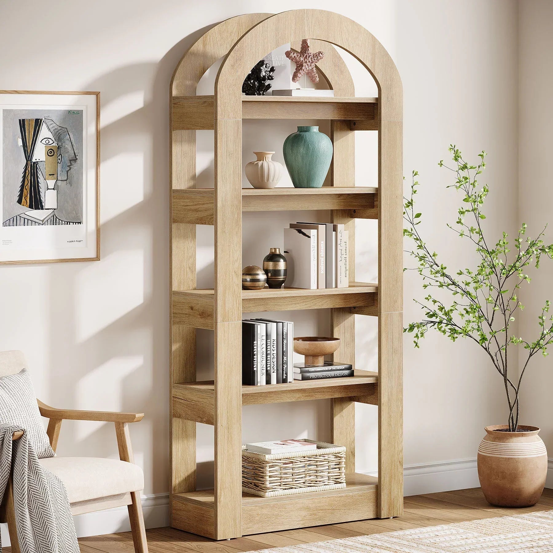 180 cm Hoge Boekenkast, Vijf Boogvormige Planken in Moderne Teak Kleur