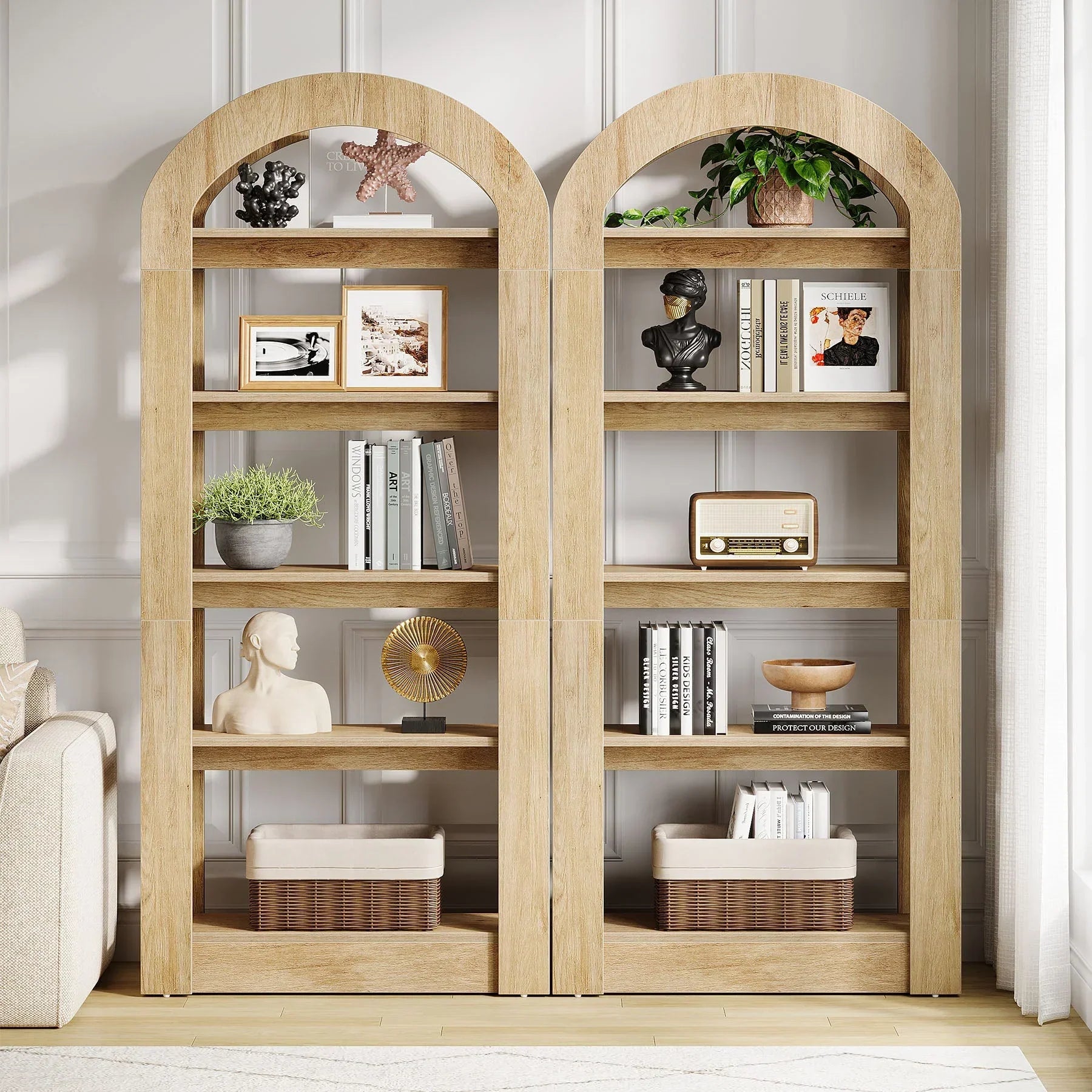 180 cm Hoge Boekenkast, Vijf Boogvormige Planken in Moderne Teak Kleur