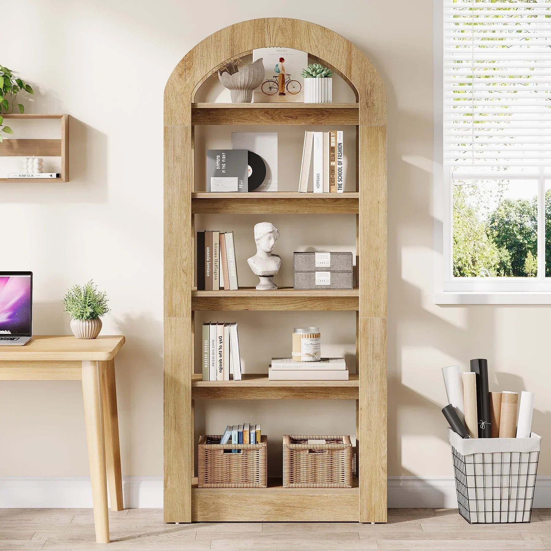 180 cm Hoge Boekenkast, Vijf Boogvormige Planken in Moderne Teak Kleur