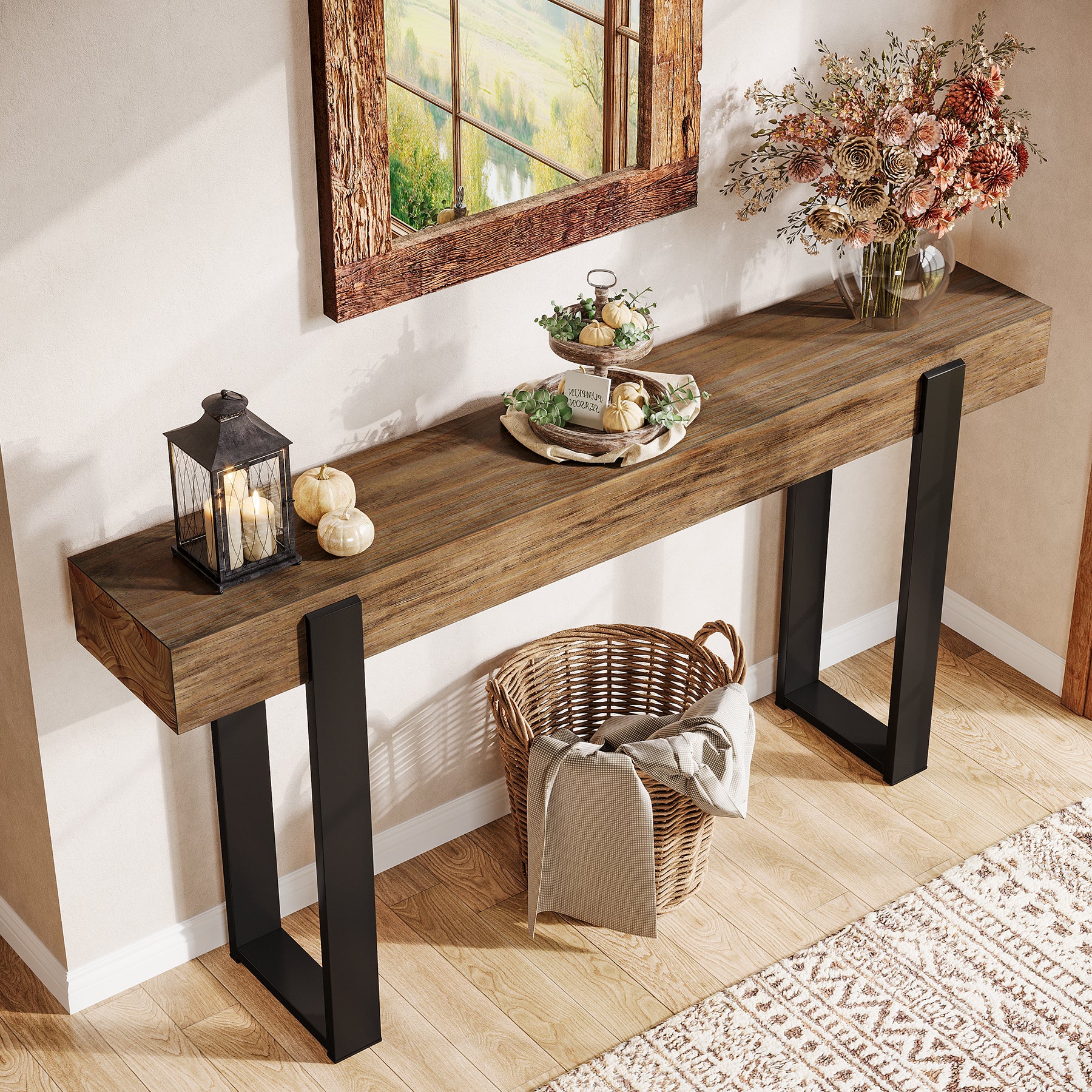 160 x 30 cm Tribesigns massief houten consoletafel met metalen steunpoten, smalle sidetable voor hal entree woonkamer en achter de bank