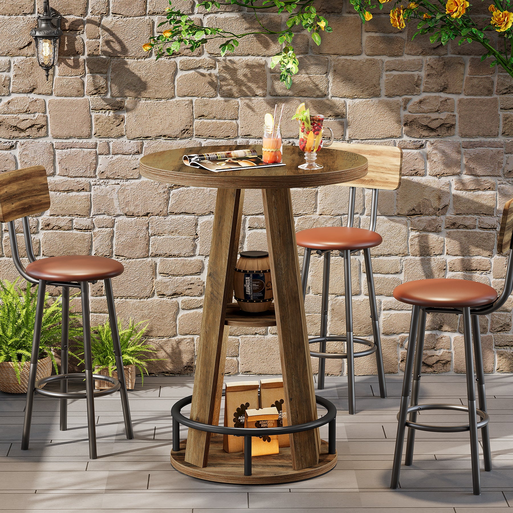 100 cm Ronde Bartafel met Opbergruimte, Industriële Bistrotafel voor Woonkamer Bar Kleine Ruimtes