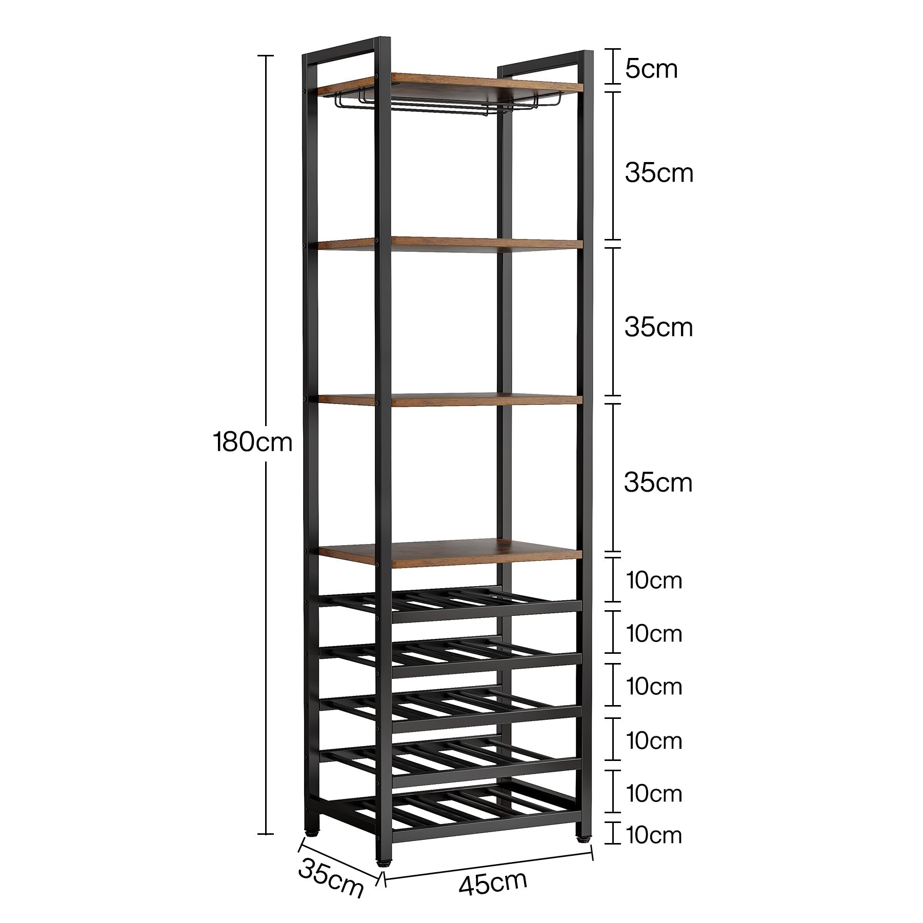 180 cm Wijnrek, Multifunctionele Opbergkast met Negen Planken en Glasopberging
