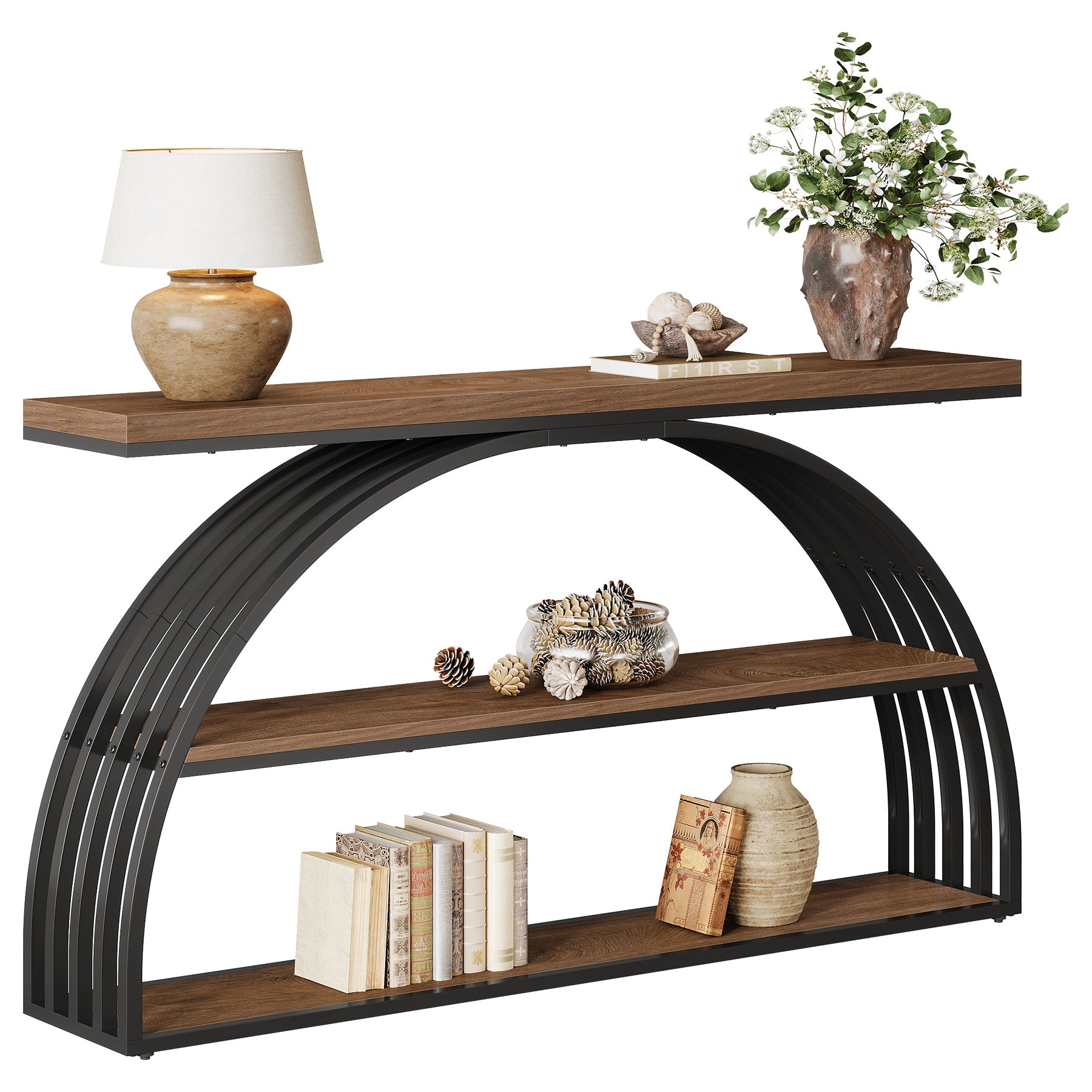 Consoletafel van 160 cm in Rustiek Bruin met Gebogen Frame, Industriële 3-Lagen Hal- en Banktafel voor Woonkamer en Entree