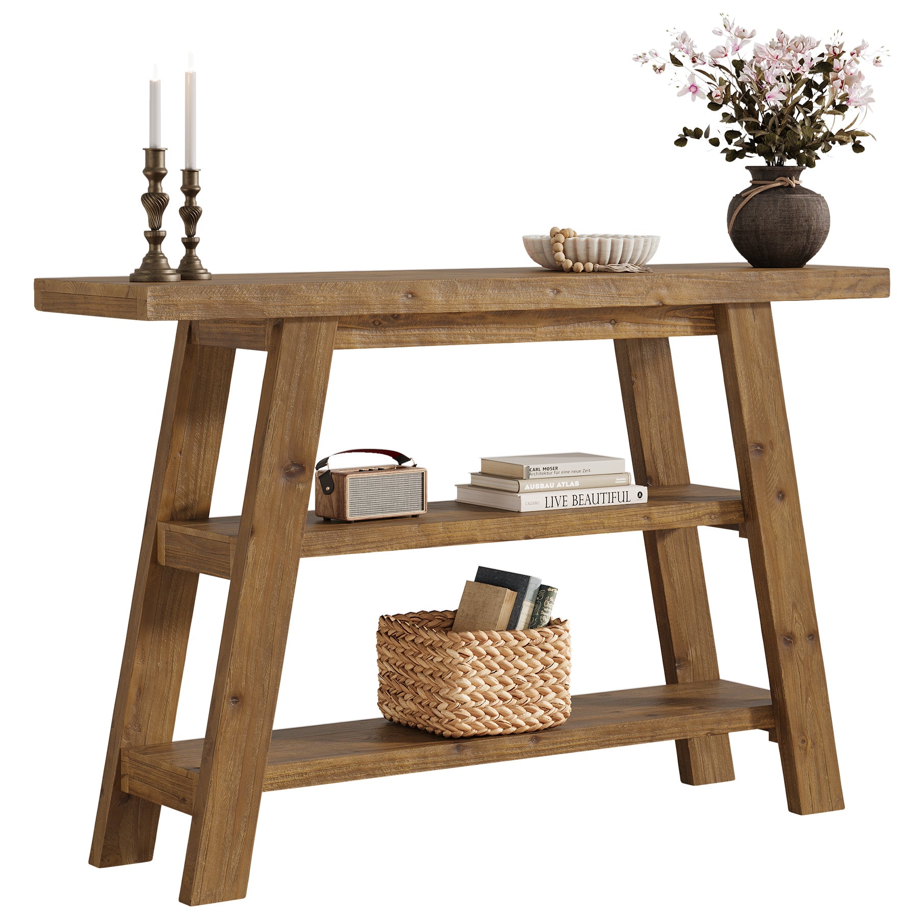 120 cm Tribesigns Massief Houten Consoletafel met 3 Niveaus, Smalle Boerderijstijl Entreetafel voor Hal en Woonkamer