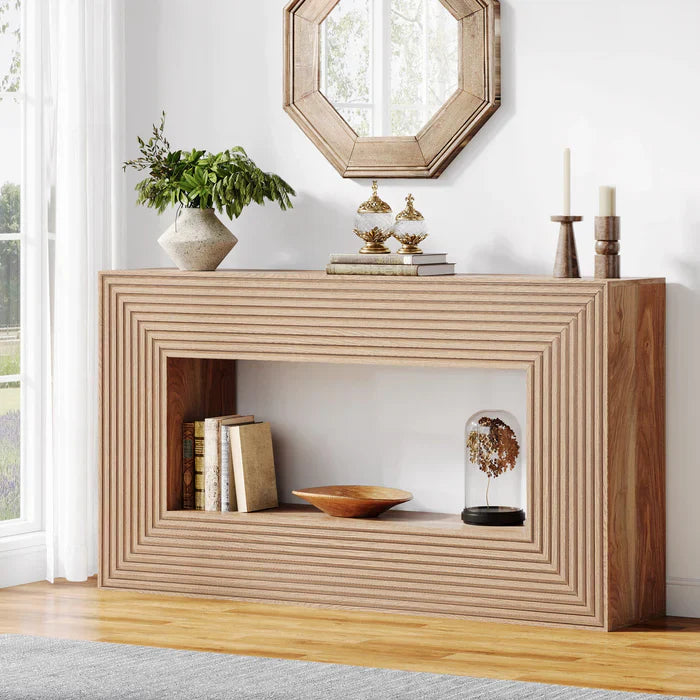 150 cm Landelijke Consoletafel, Smalle Houten Bureautafel met Opslag voor Hal en Woonkamer