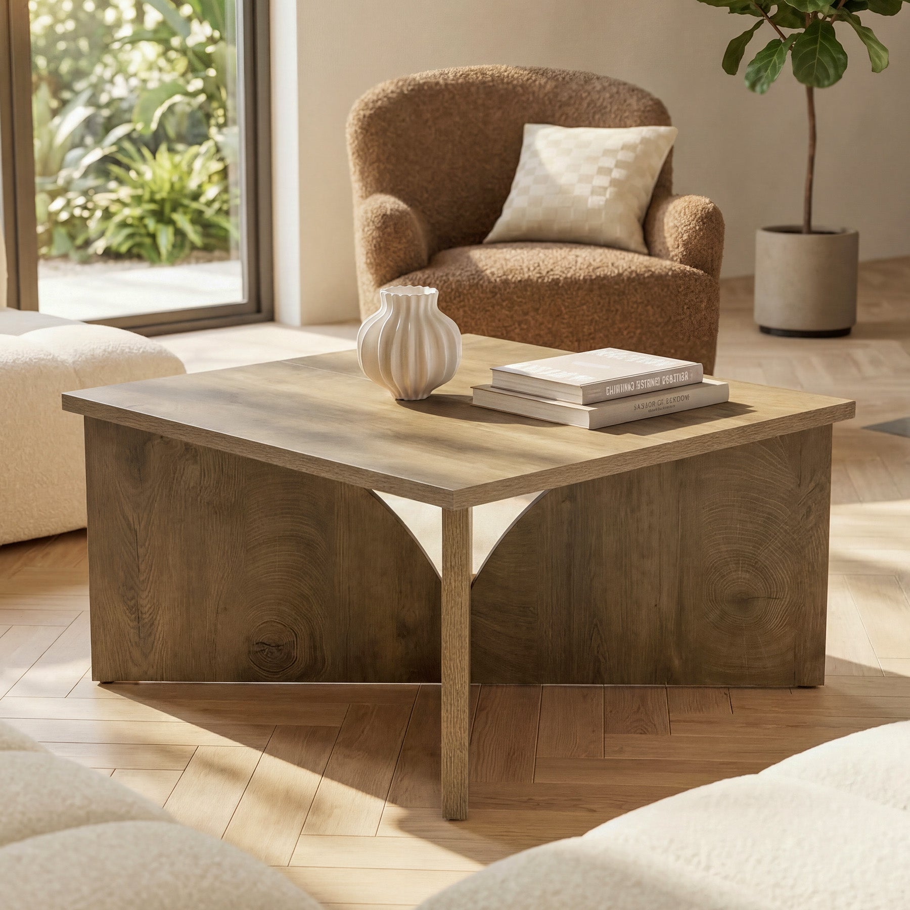 80 cm Vierkante Salontafel met Stevige Basis, Landelijke Houten Tafel voor Woonkamer