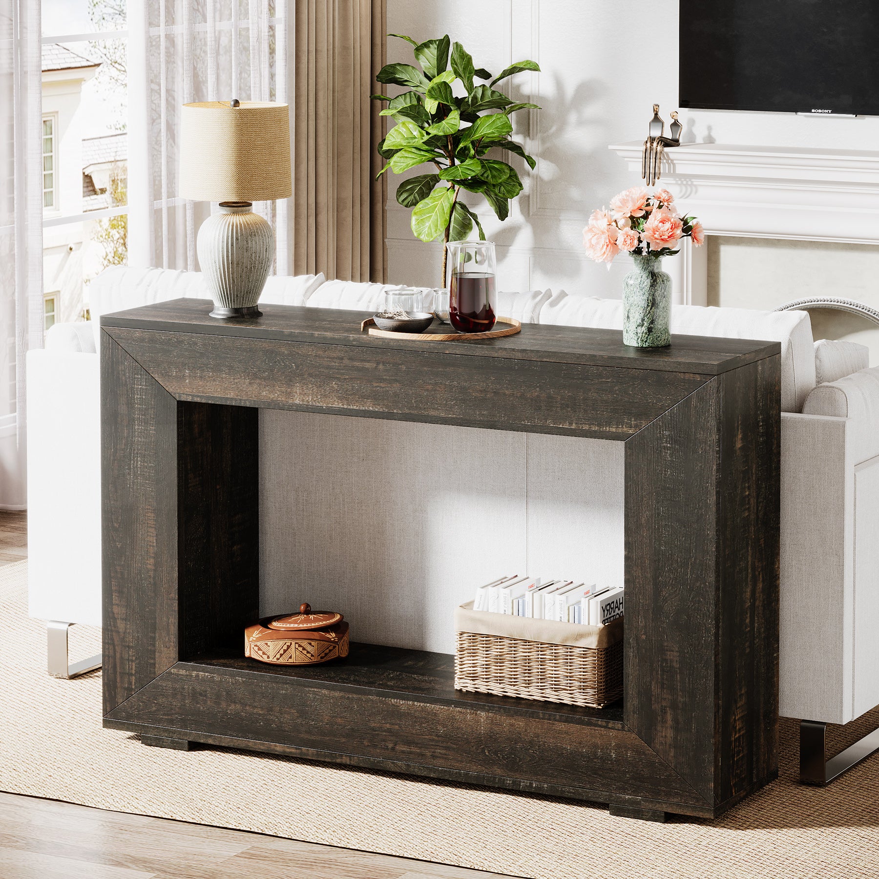 120 cm Boers Entreetafel met Opbergvak, Industrieel Accentmeubel voor Hal en Woonkamer