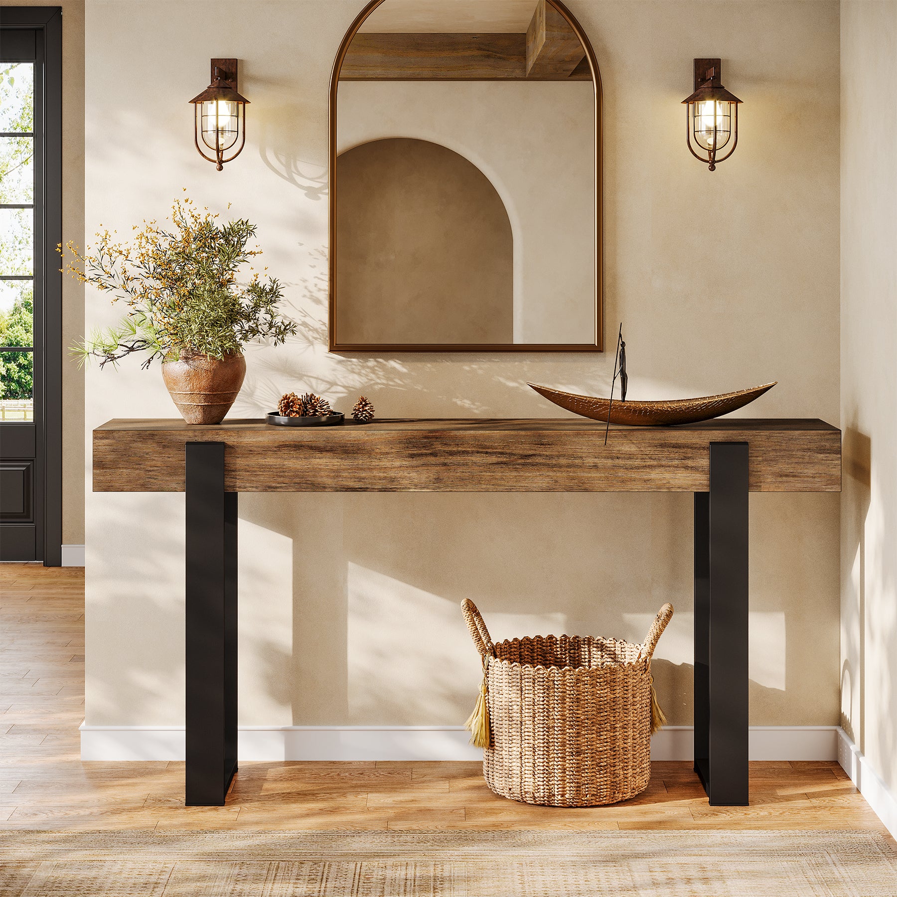 160 x 30 cm Tribesigns massief houten consoletafel met metalen steunpoten, smalle sidetable voor hal entree woonkamer en achter de bank