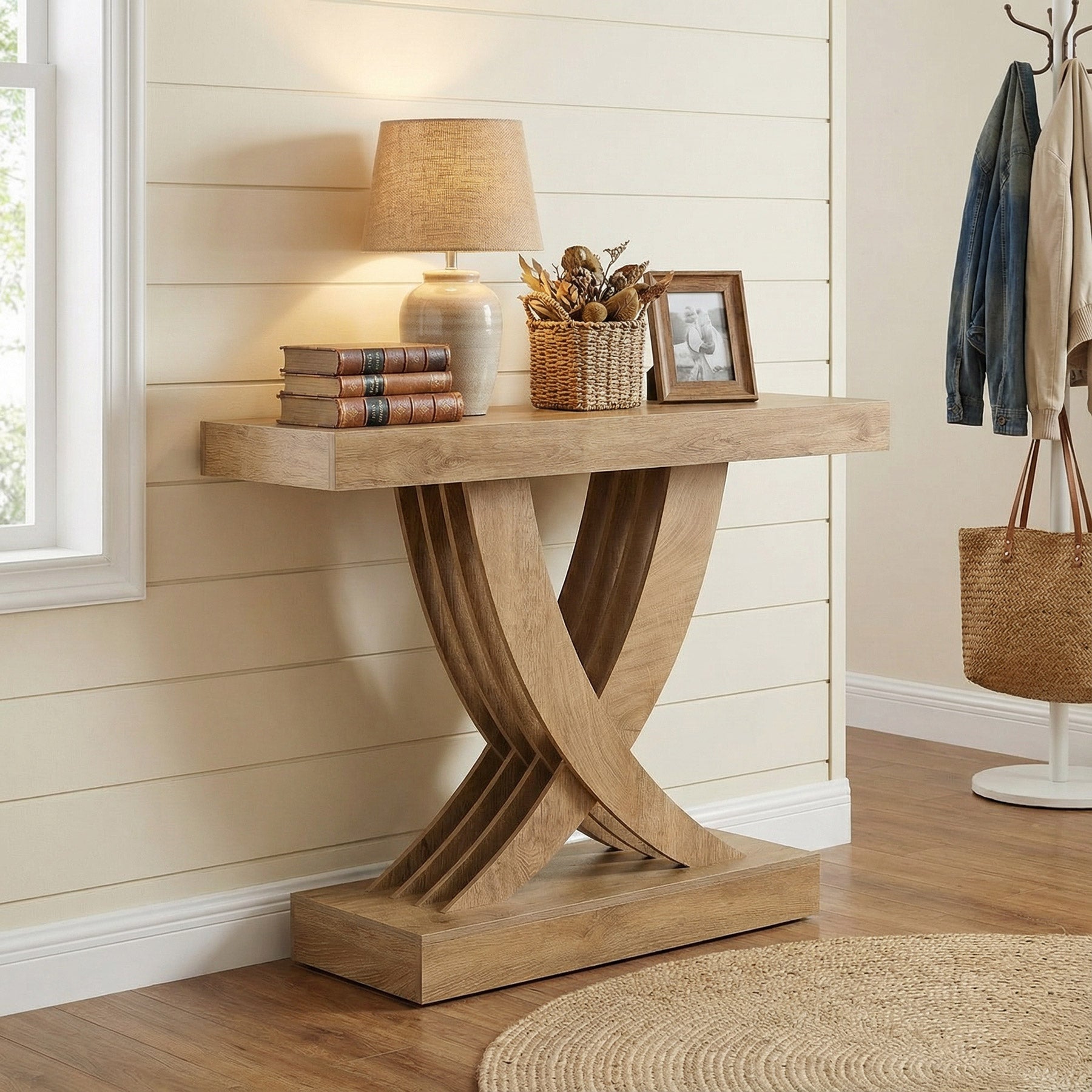 109,7 cm Landelijke Ingangstafel, Houten Banktafel met X-Frame