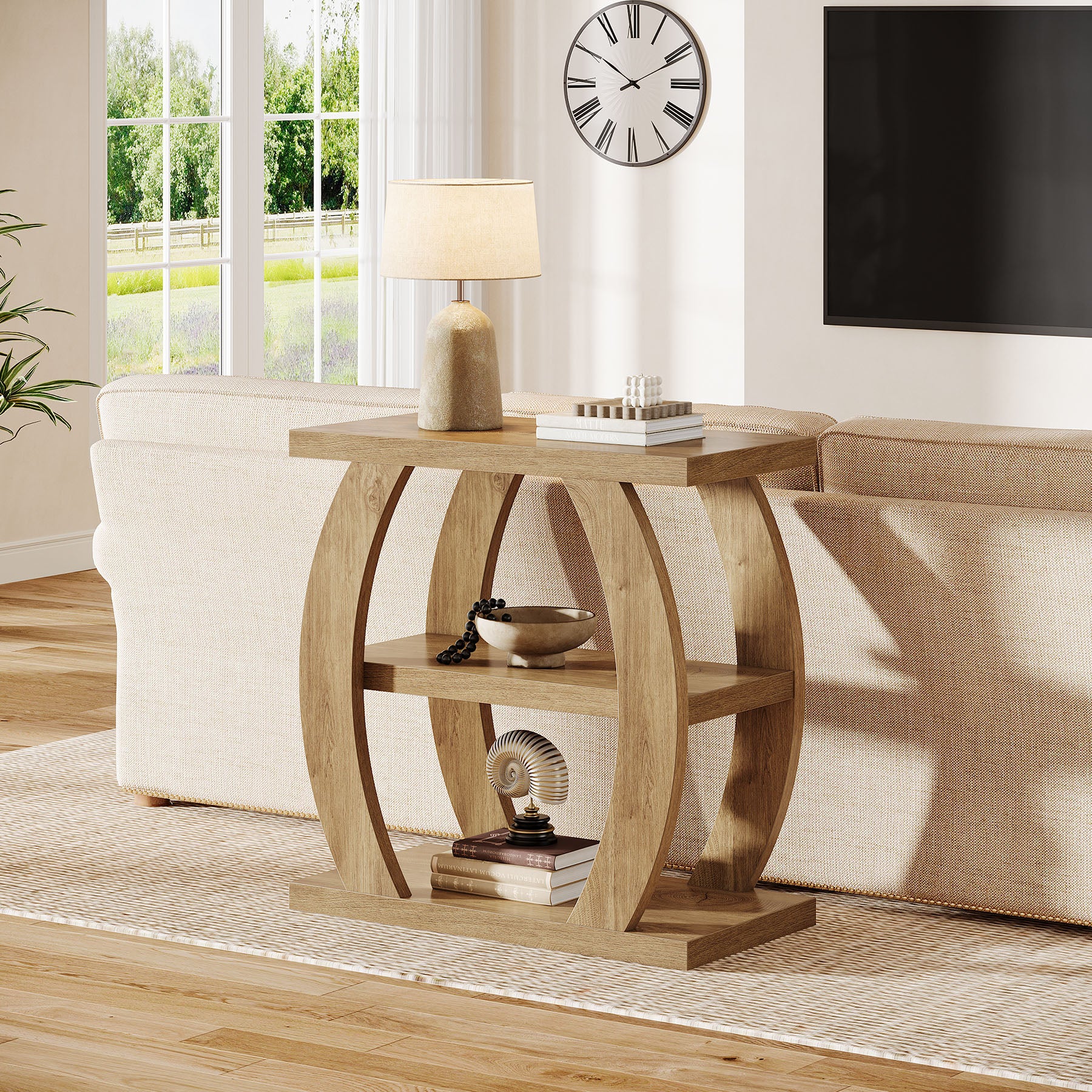 80 cm Hoge Bijzettafel voor Woonkamer, 3-Tier Smalle Tafel met Opbergruimte