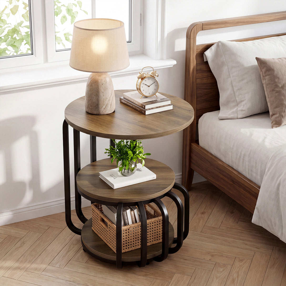50 x 50 x 60 cm ronde bijzettafel met 3-laags opbergrek, industriële sidetable met metalen frame