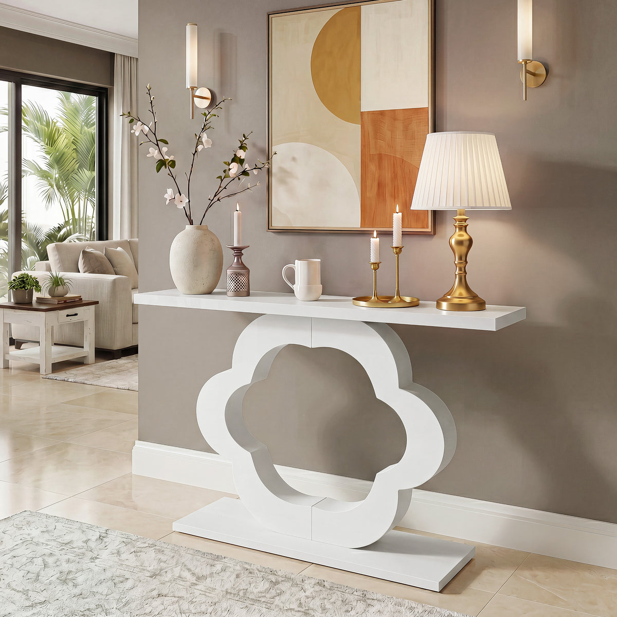 100 cm smalle consoletafel met hoogglans afwerking en modern bloemvormig frame, entree tafel voor hal en woonkamer