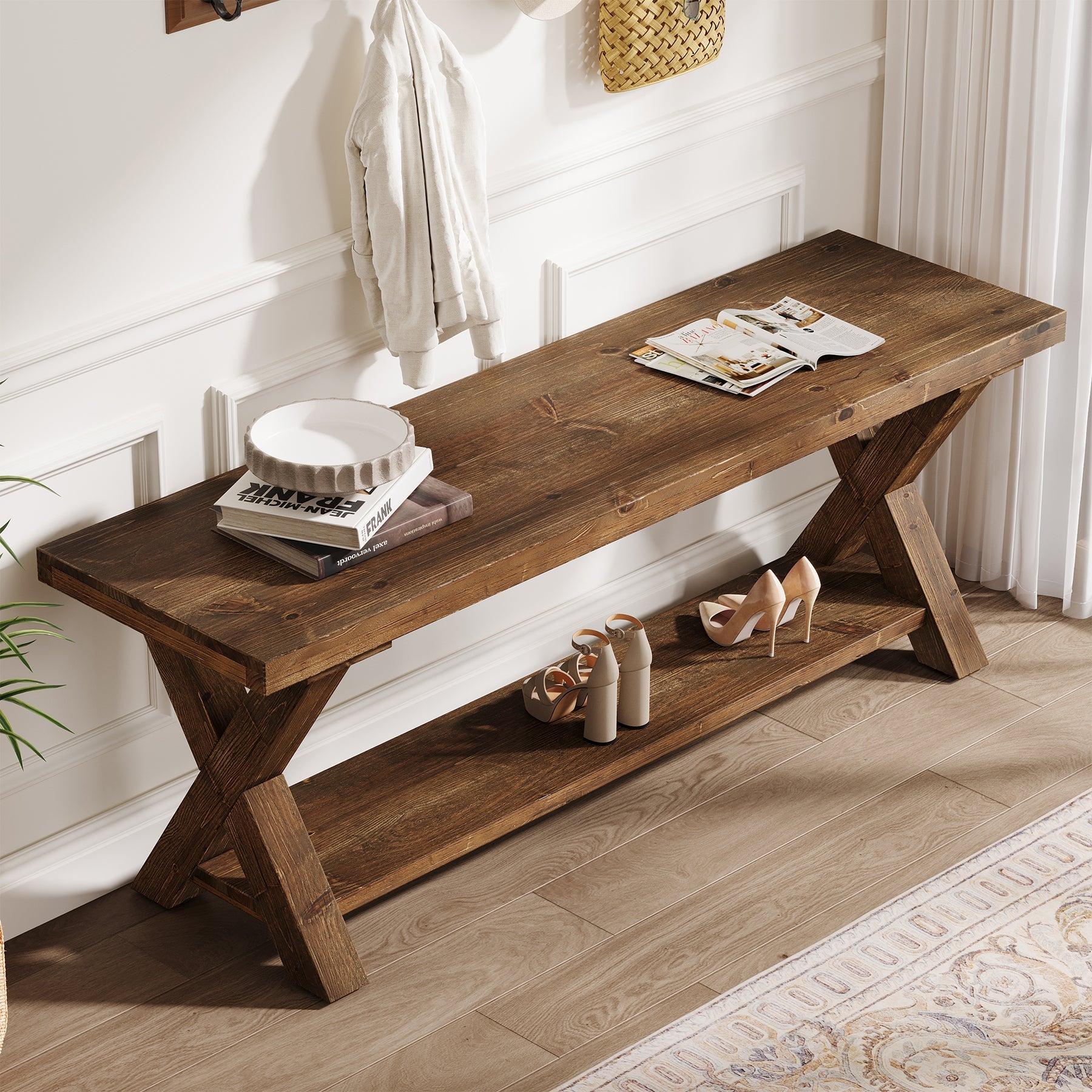110 cm massief houten bank, landelijke halbank met opbergplank