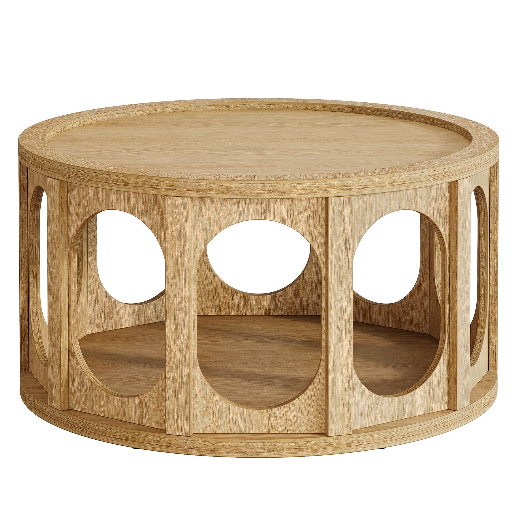 Tribesigns ronde salontafel van 80 cm met kattenhuisje, tweelaagse woonkamertafel met opbergruimte