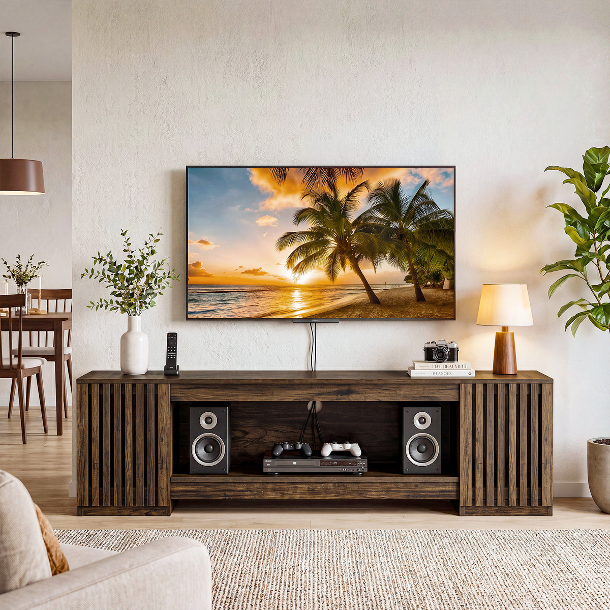 Tribesigns 199 cm tv-meubel voor 85 inch tv met verborgen opbergruimte en open plank, landelijke tv-kast voor woonkamer