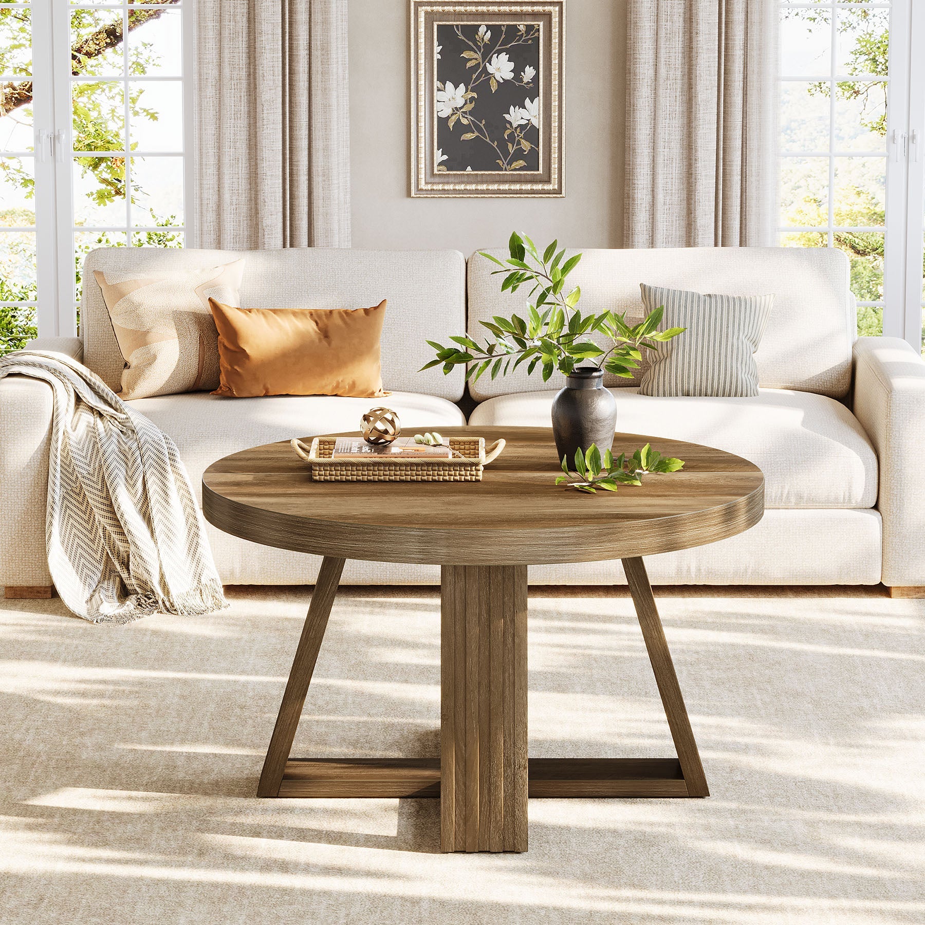 80 cm ronde salontafel, landelijke centrumtafel met massief blad voor in de woonkamer