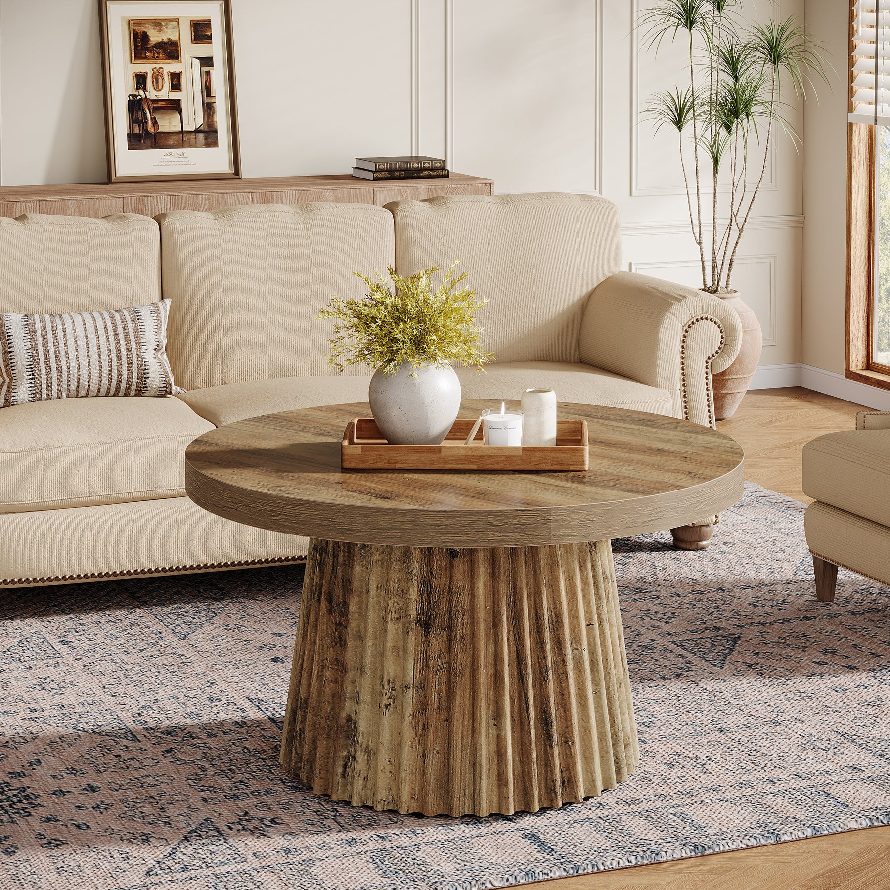 80 cm Ronde Landelijke Salontafel met Gegroefde Trommelvoet, Mid-Century Accent Tafel